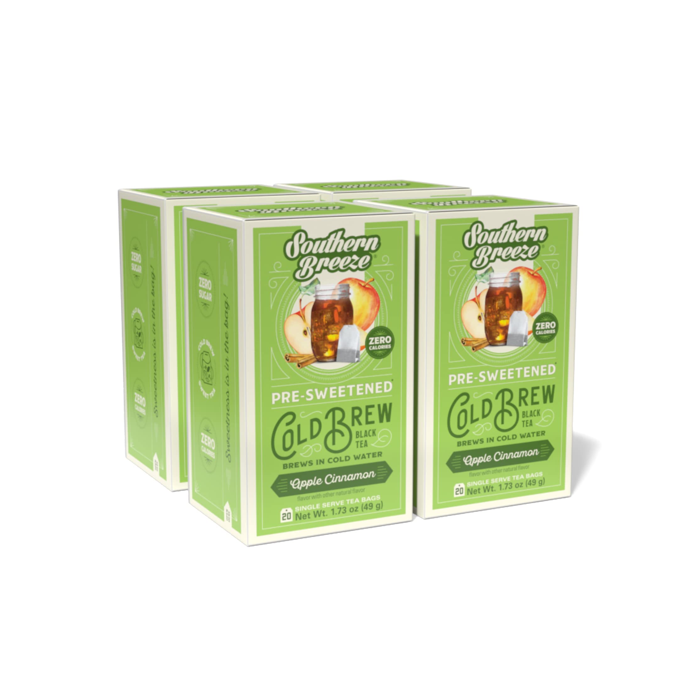 Southern Breeze Cold Brew Sweet Tea Apple Cinnamon Iced Tea with Black Tea and Zero Carbs Zero Sugar, 20 Individually Wrapped Tea Bags Pack of 4