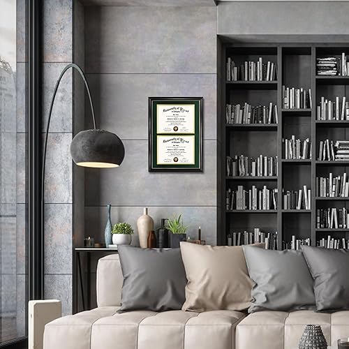 Miniatura 2 de GraduationMall Marco de diploma doble de 8.5 x 11 pulgadas, madera maciza y acrílico con protección UV, acabado negro con borde dorado, verde bosque