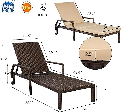 Miniatura 2 de YODOLLA Sillón para exteriores con respaldo ajustable, juego de 2 sillas de mimbre de ratán con cojín extraíble y ruedas para playa, patio, jardín,