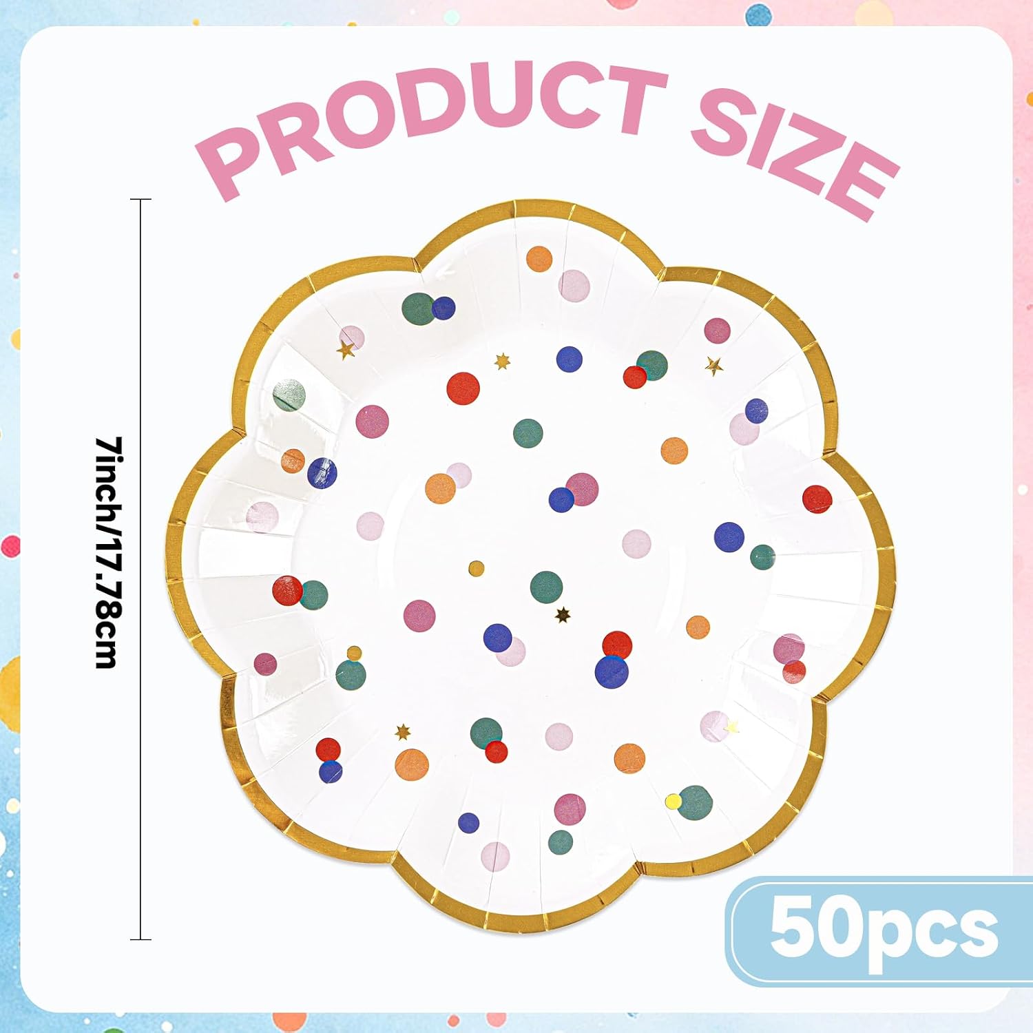 50pcs Colorful Dot Party Plates, 7inch Gold Foild Happy Birthday Paper Dessert Cake Plates Rainbow Polka Dots Disposable Pastel Boho Tableware Set for Baby Shower Wedding Party Supplies Decorations image 3