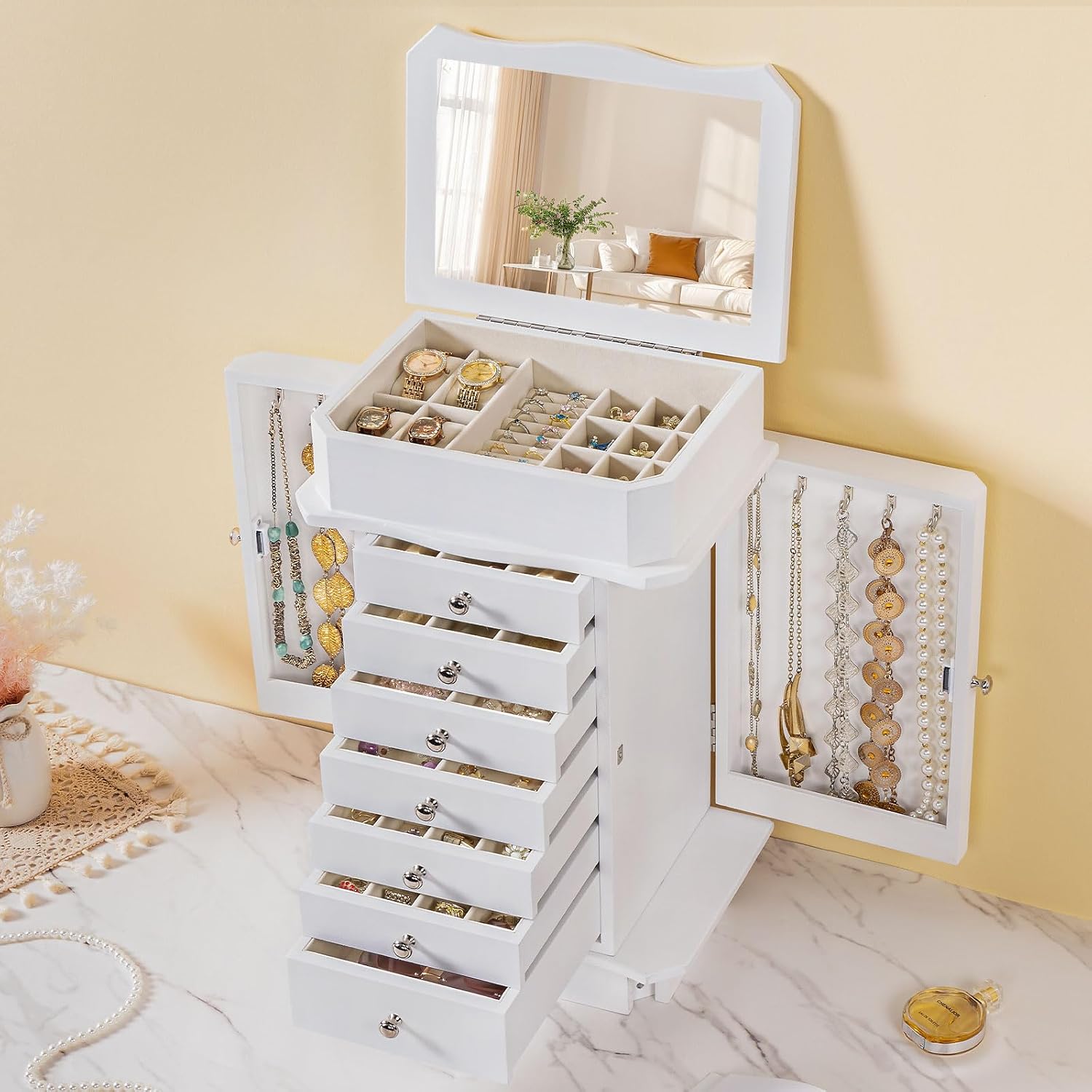 Emfogo Standing Jewelry Armoire Cabinet, Large Standing Jewelry Organizer Box with Top Flip Mirror, 7 Drawers & 2 Side Doors, Jewelry Chest for Rings Earrings Necklaces Bracelets Watches Glasses