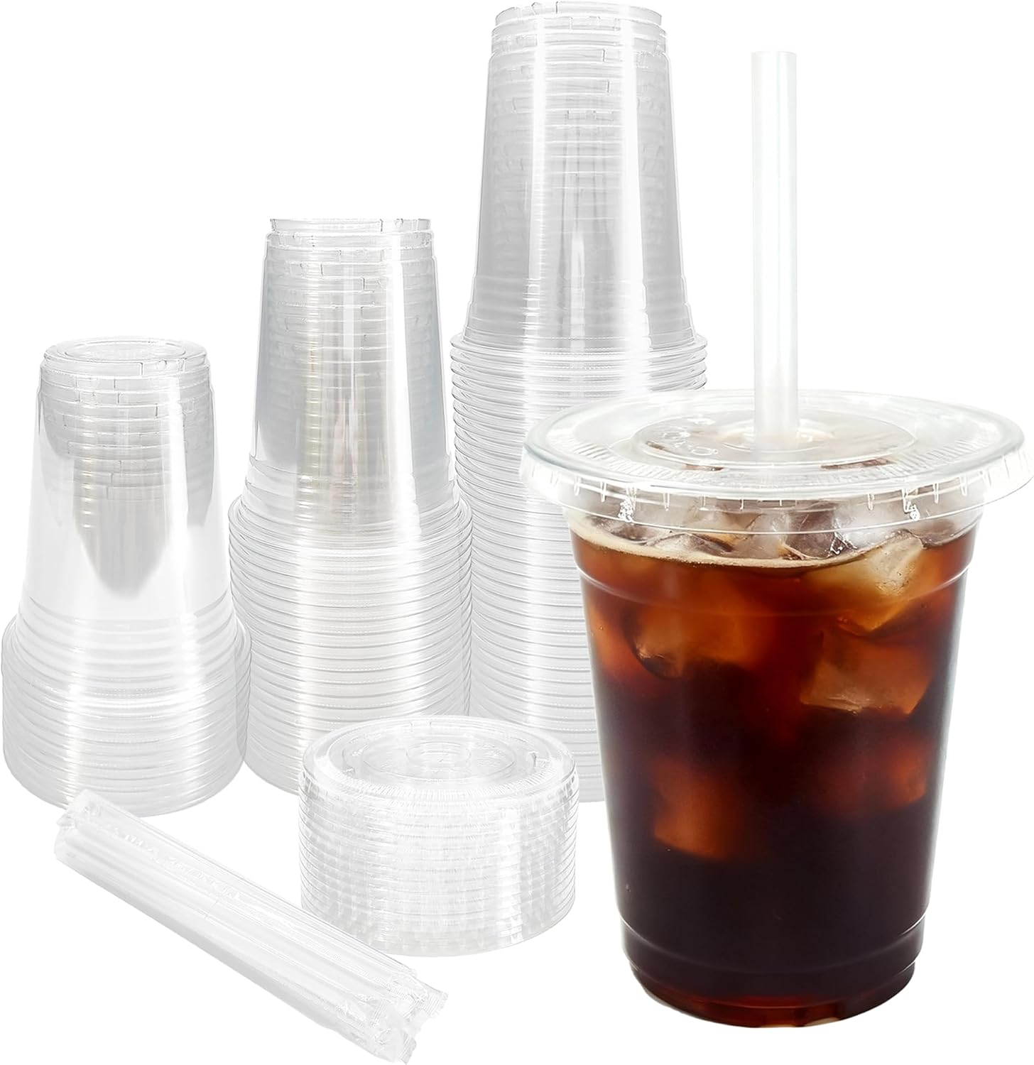 SLFxotro 16 oz 100 Pack Clear Plastic Cups with Lids and Straws, Disposable Iced Coffee Cups for Party, Sturdy Plastic Smoothie Cups for Cold Drinks - BPA free