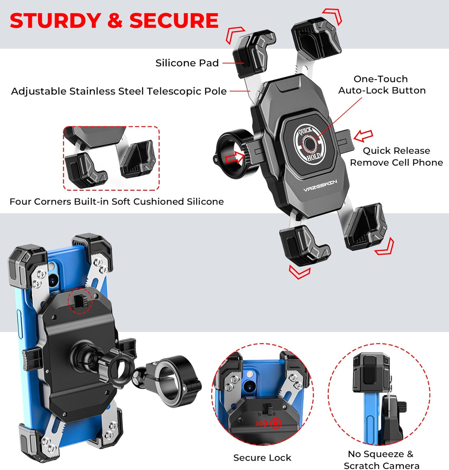 Motorcycle Phone Mount, 1s Lock Bike Phone Holder, One-Handed Operation Motorcycle Cellphone Mount with Aluminum Alloy Handlebar Mounting Base for Bicycle Scooter, Fit 5.4"-7" Smartphone - Image 6