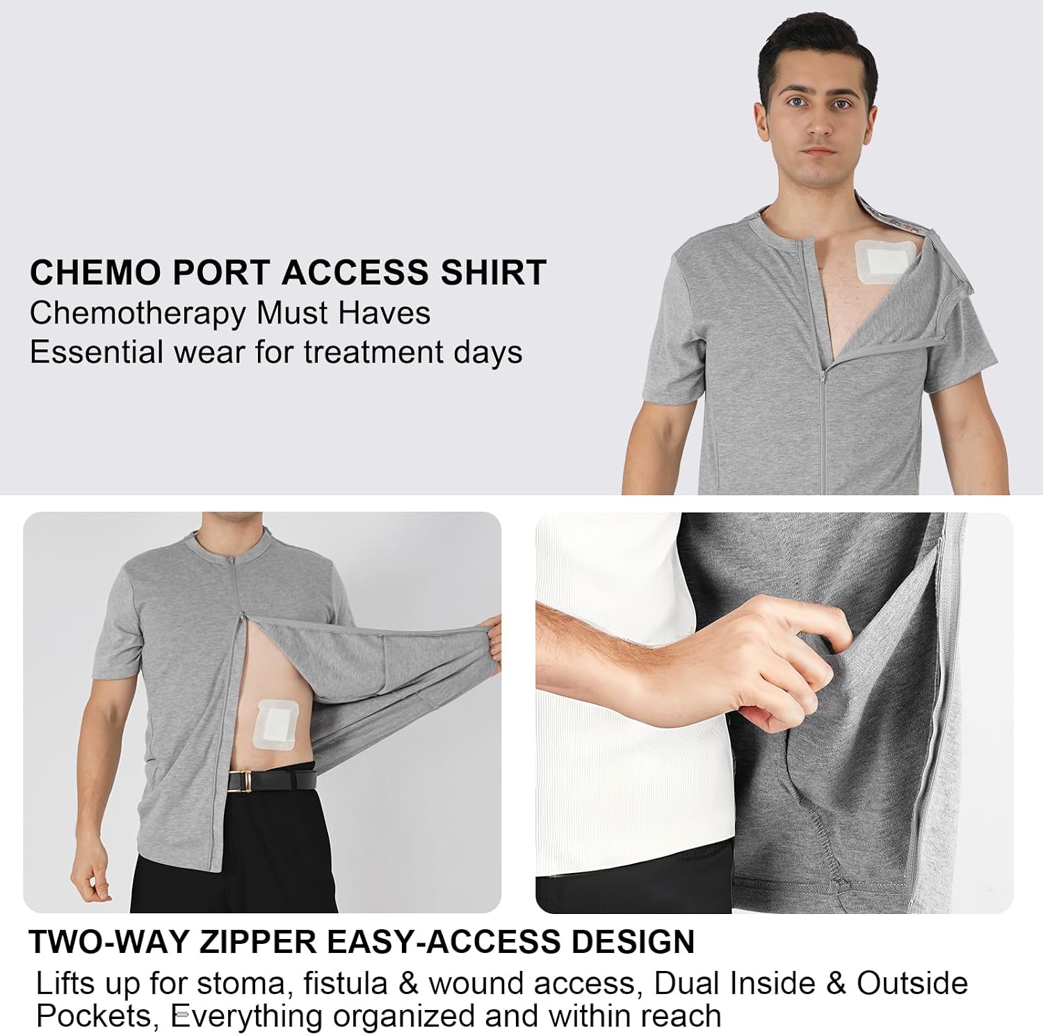 Men's Shoulder Surgery Shirt with One-Hand Zip for Chemo Port Access & Rotator Cuff Recovery & Puppy Flap Short Sleeve