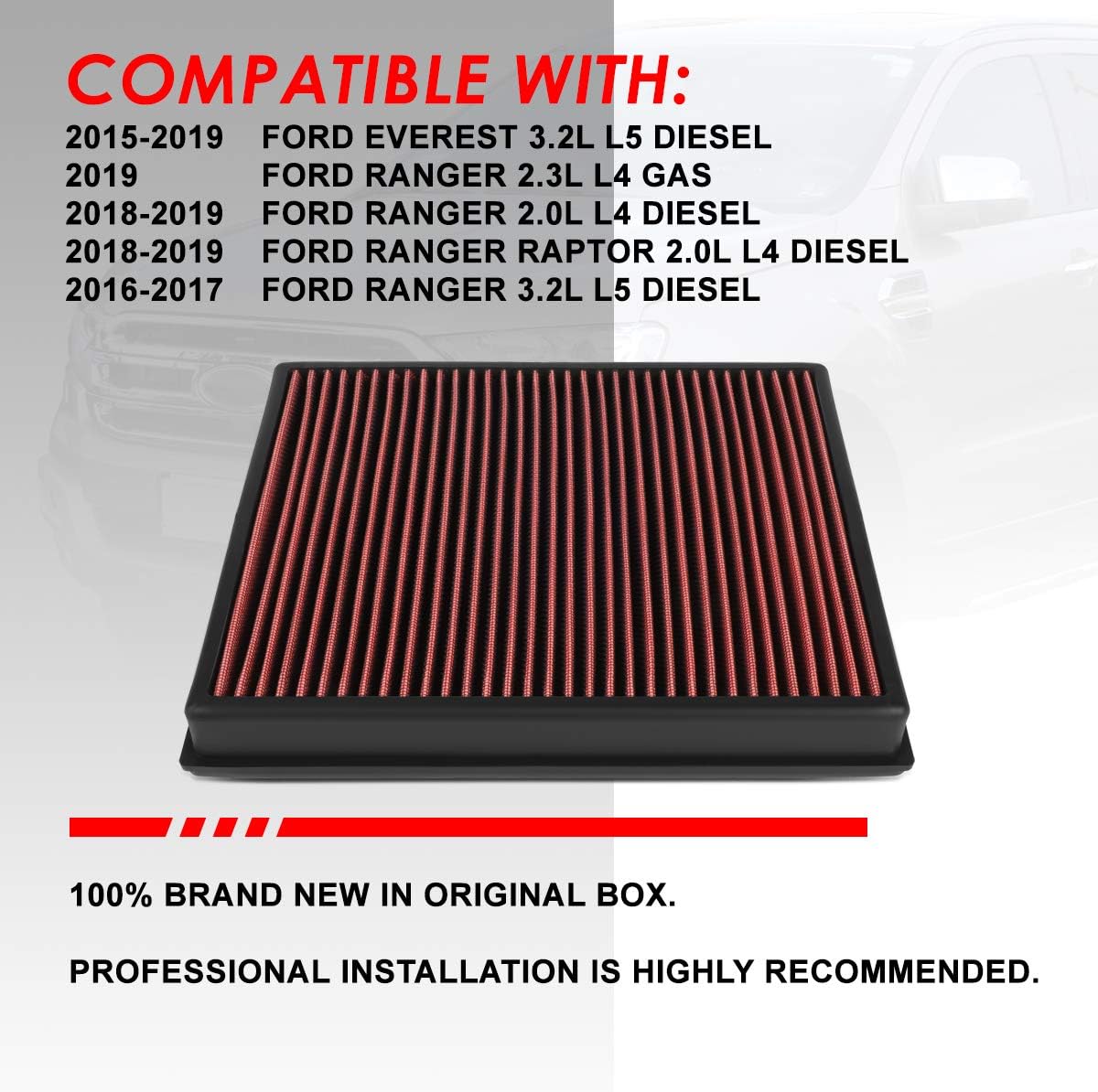 Auto Dynasty High Flow Engine Air Panel Filter Drop-in Reusable & Washable Compatible with Ford Ranger 2.3L Turbo 19-20 (Red)