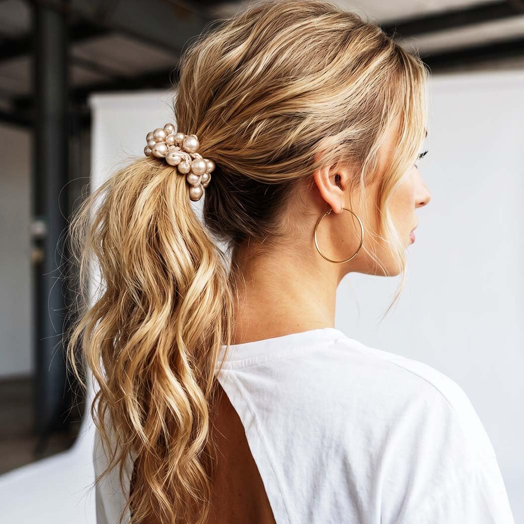 Fashey Pearl Scrunchies Beaded Hair Ties Pearl Hair Accessories for Women image 5