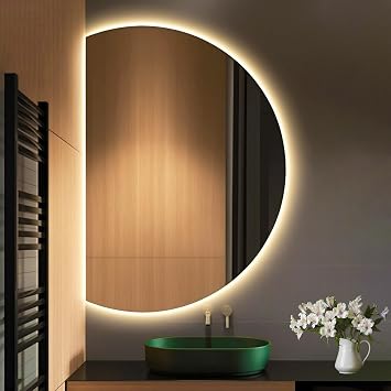 Modern Smart Anti-Fog Bathroom Mirror with Lights, Half Moon LED Wall Mirror, 3 Colors Dimmable Makeup Vanity Mirror, Large Frameless Decorative Mirror for Living RoomLeft Cut,43"x30"