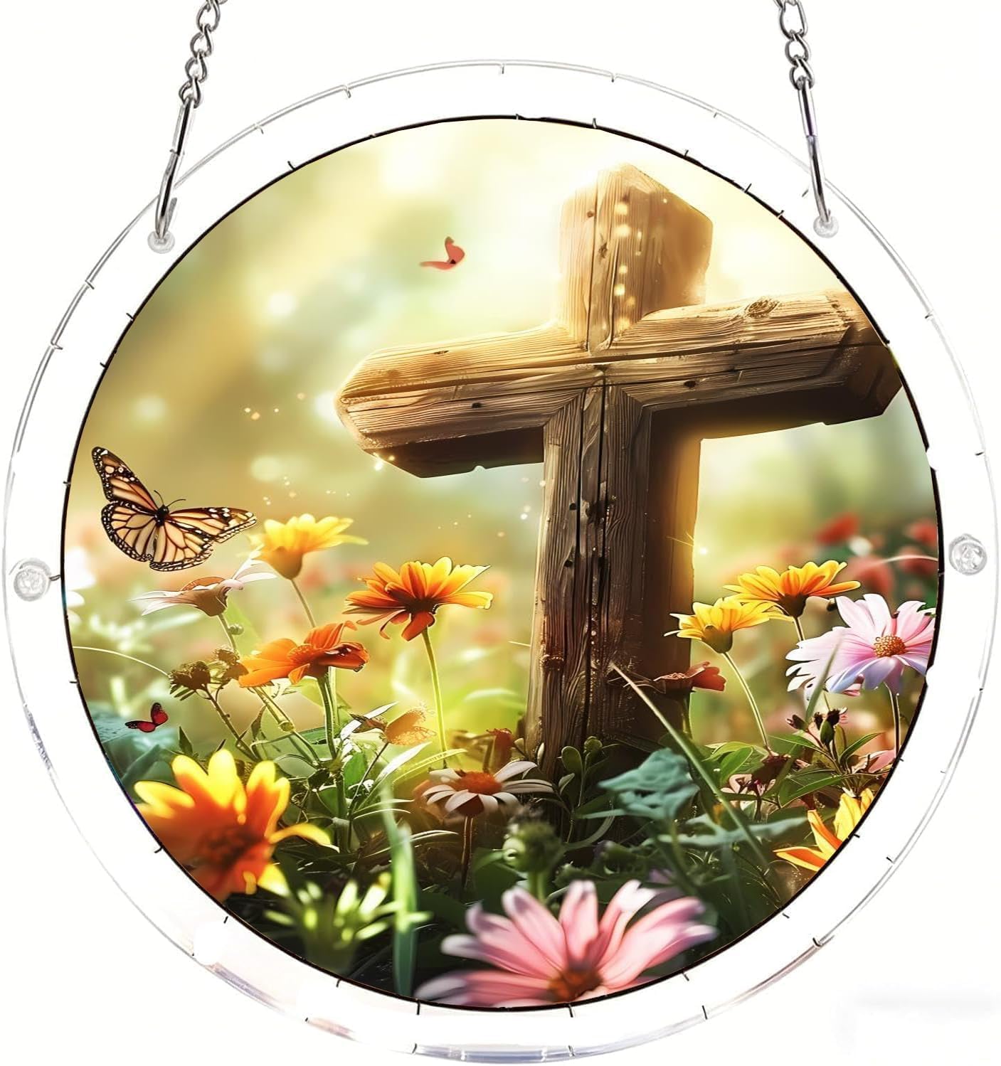 Cross Among Flowers Cross Acrylic Jigsaw Puzzles Suncatcher, 8.2 Inch Window Hanging Suncatcher Acrylic Puzzle, DIY Home Decor Art Gift