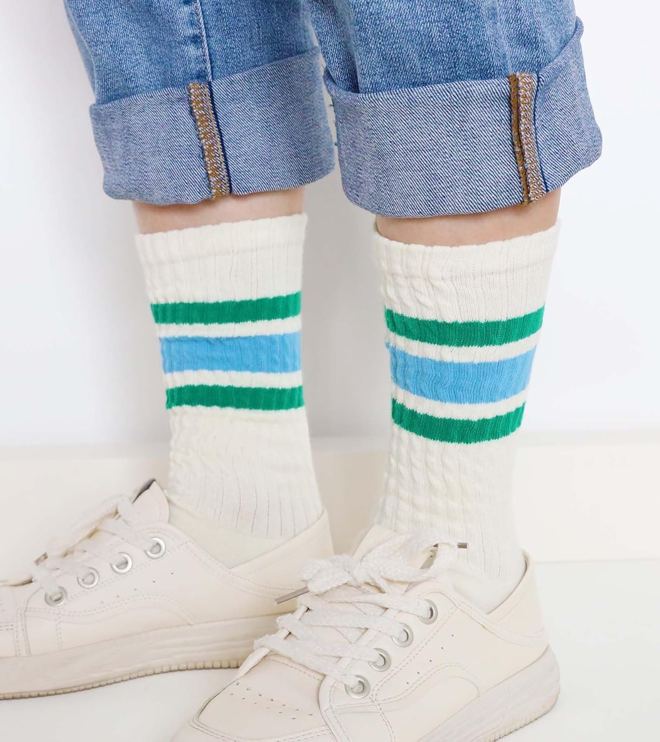 Chunky Ribb Cotton Striped Socks Retro Stripe Crew Socks, 3/5 Pairs with Present Box - Image 2