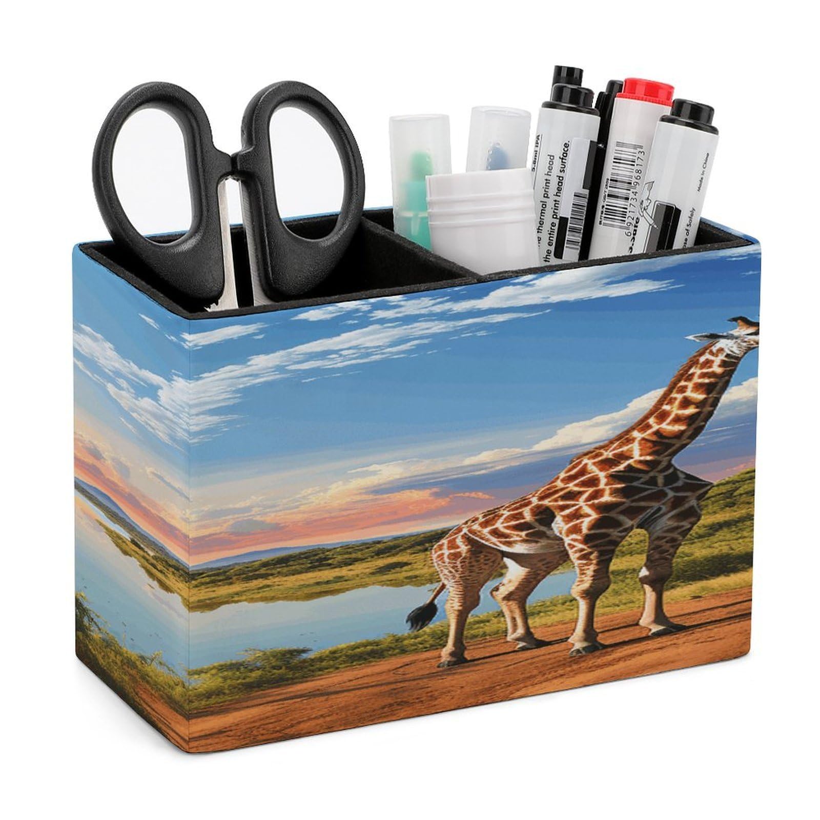 African Landscape with Nile River And Giraffe Pencil Holder for Desk(Double Slots) Fashion Leather Pencil Cup Simple Rectangular Shape Pen Holder Multi-Functional Pen Cup for Home Office Supplies Stor