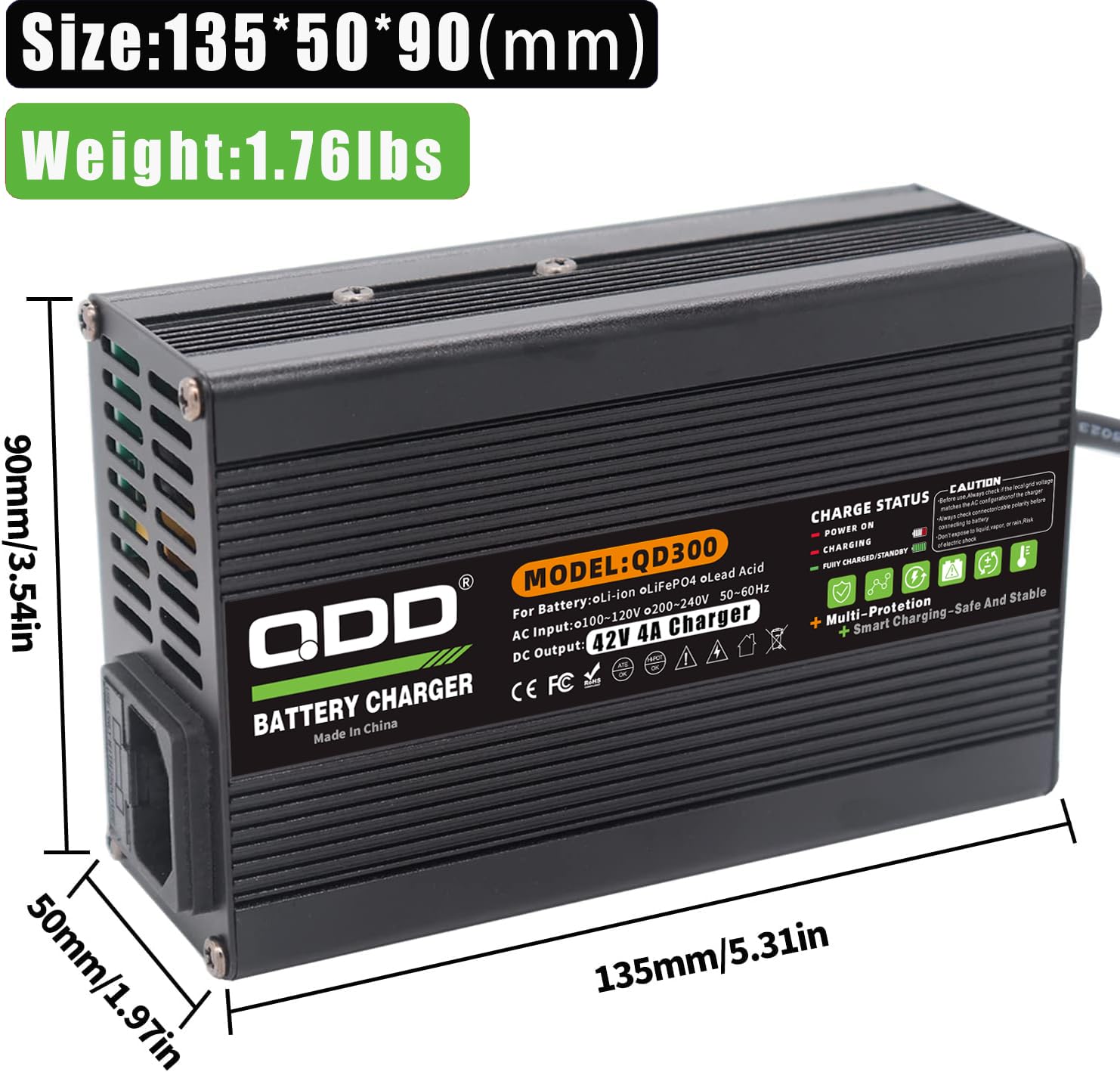 QDD Chargeur de batterie 42 V 4 A Protection multiple pour batterie Li-ion 36 V avec prise XLR 1 + 2 broches