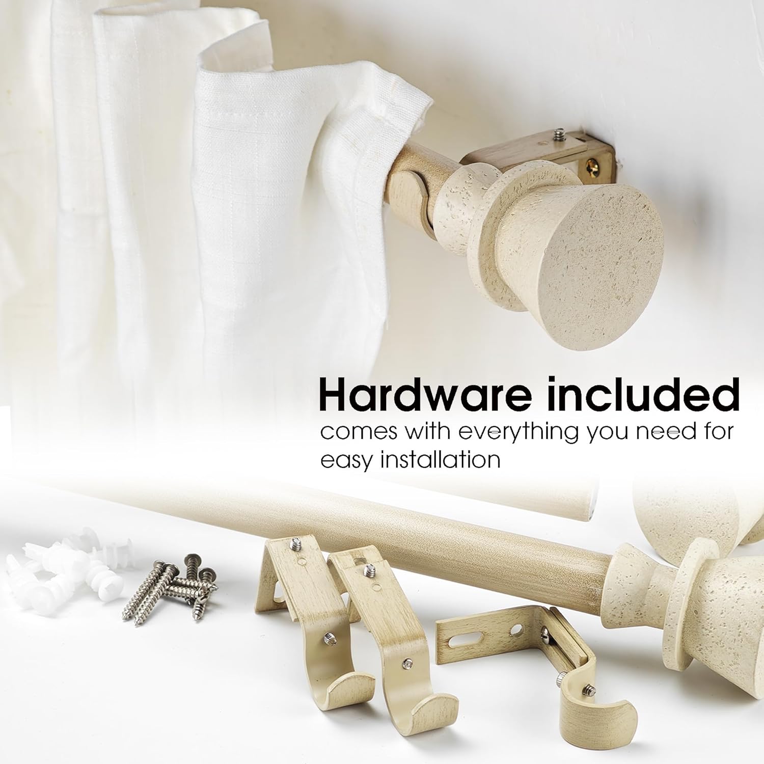 1 Inch Single Curtain Rods 72 to 144 Inches Adjustable Drapery Rods for Window width 68 to 140 Inches, Faux Travertine Finials, Beige Metal Rods