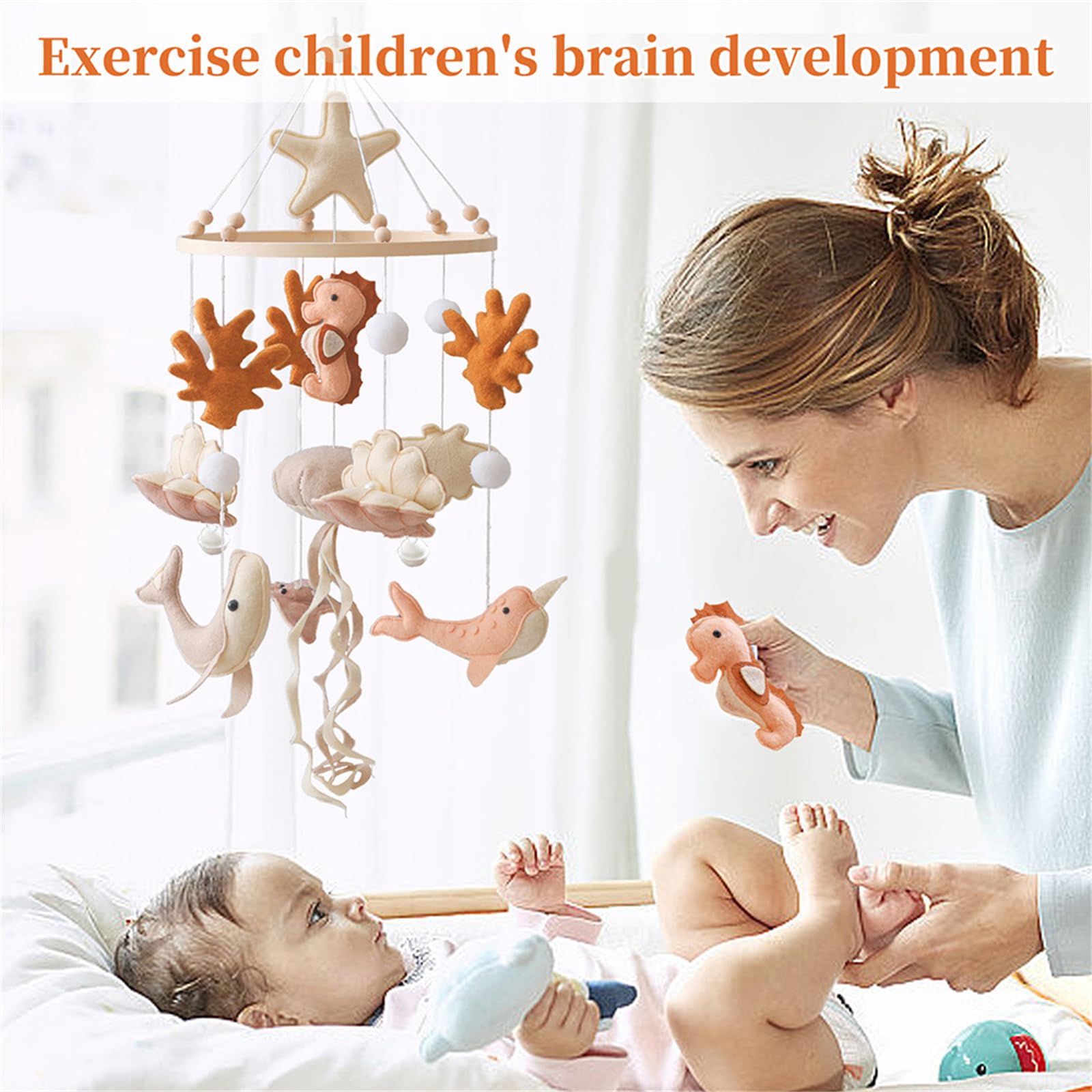 Herfair Meerestiere Mobile Baby Windspiele mit Filzbällen, Walen, Muscheln, Korallen und Seepferd Baby Windspiele, Neugeborene Jungen Mädchen Anhänger (Rosa)