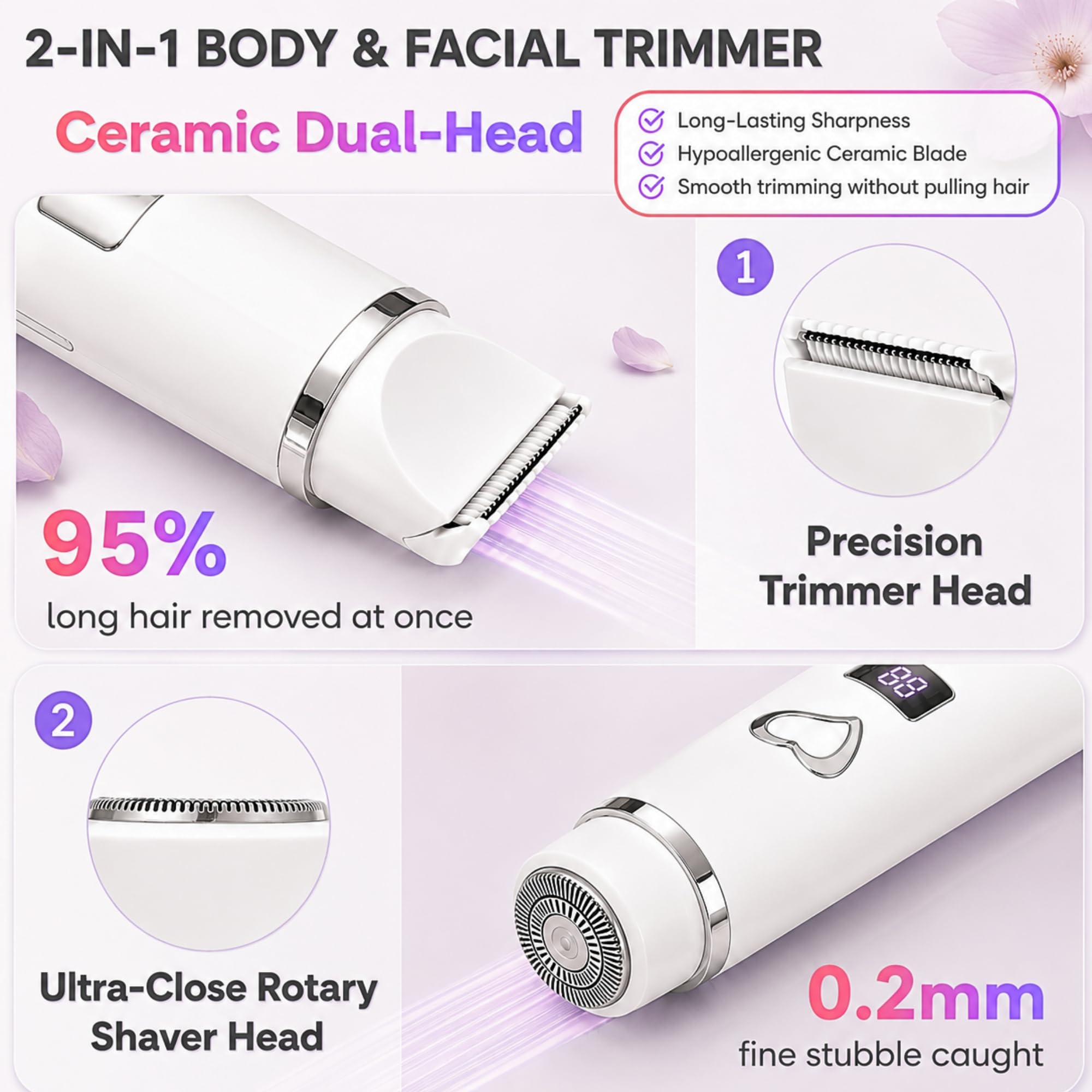 Maquinilla de afeitar eléctrica para mujer, recortadora de bikini y removedor de vello facial, recargable con hoja de cerámica, impermeable, pantalla LED, USB-C, bloqueo de viaje, regalo de