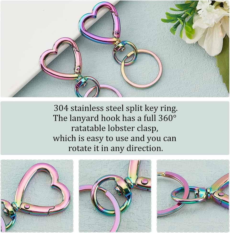 PH PandaHall 20pcs Heart Keychain Clip, 10pcs 1 Inch 304 Stainless Steel Round Split Key Rings 10pcs Metal Trigger Snap Hooks Iridescence Lanyard Keychains Hook for Keychain Lanyard Bag Mother's Day - Image 3