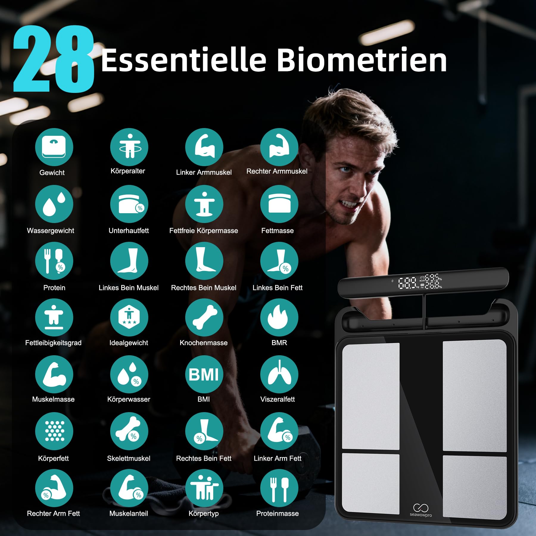 Körperfettwaage SEAWOW, Digitale Personenwaage mit 8 Elektroden, Waage mit Körperfett und Muskelmasse, BMI, Körperfett und Analyse von 28 Körperparametern, mit LED-Anzeige am einziehbaren Griff