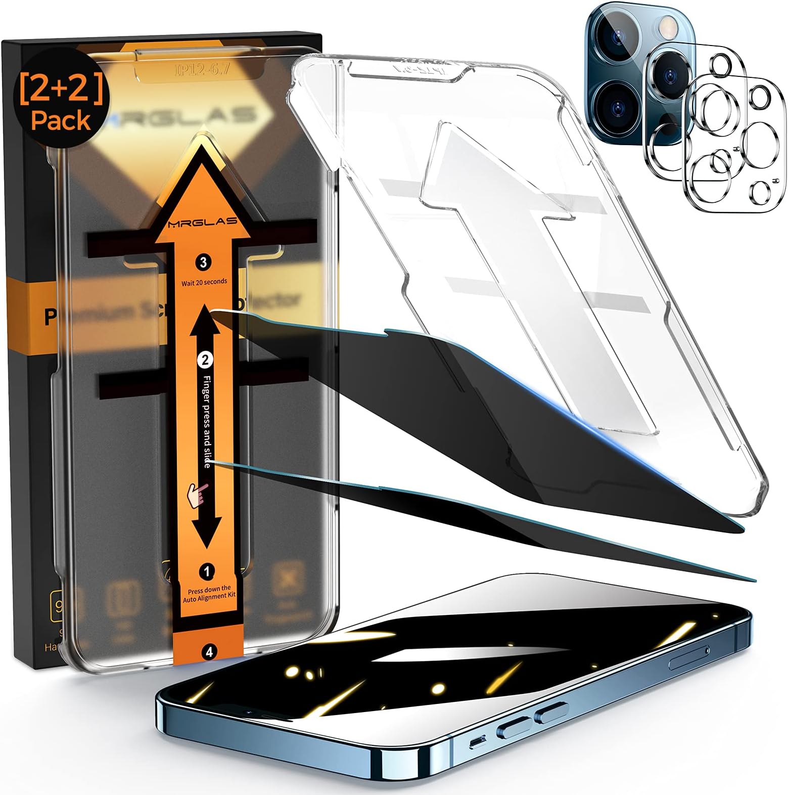 MRGLAS 4-Pack Privacy Screen Protector for iPhone 12 Pro Max [100% Anti-Spy][9H+ Military-Grade Aerospace Glass][Auto-Alignment Kits] Shatterproof Tempered Glass Film for 12 Pro Max 6.7" Zero-Bubble