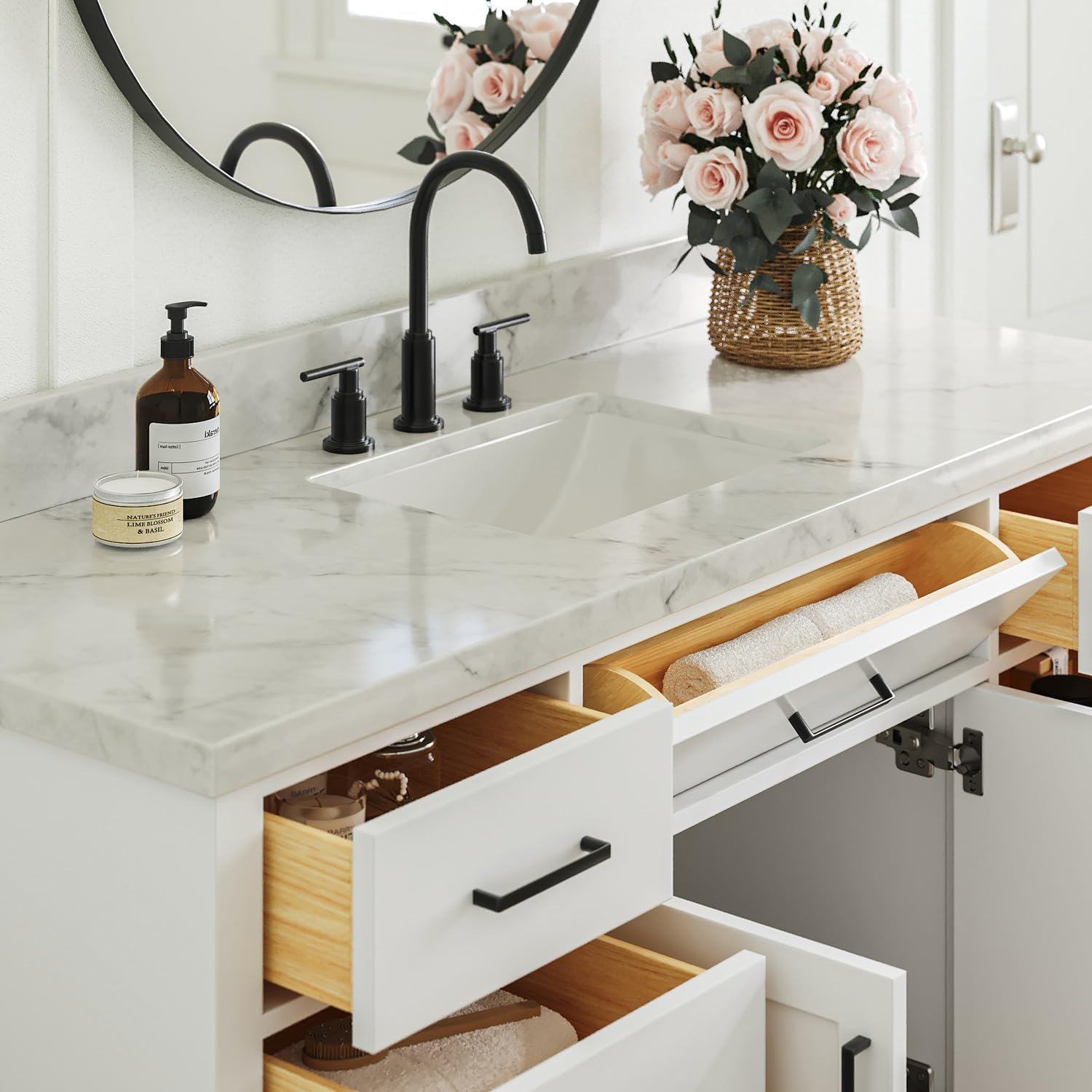 ARIEL Hepburn 60-inch Bathroom Vanity with Sink,Solid Wood, 1.5-inch Italian Carrara Marble Countertop, Single Rectangular Porcelain Sink, 2 Soft Closing Doors, 9 Dovetail Drawers, White