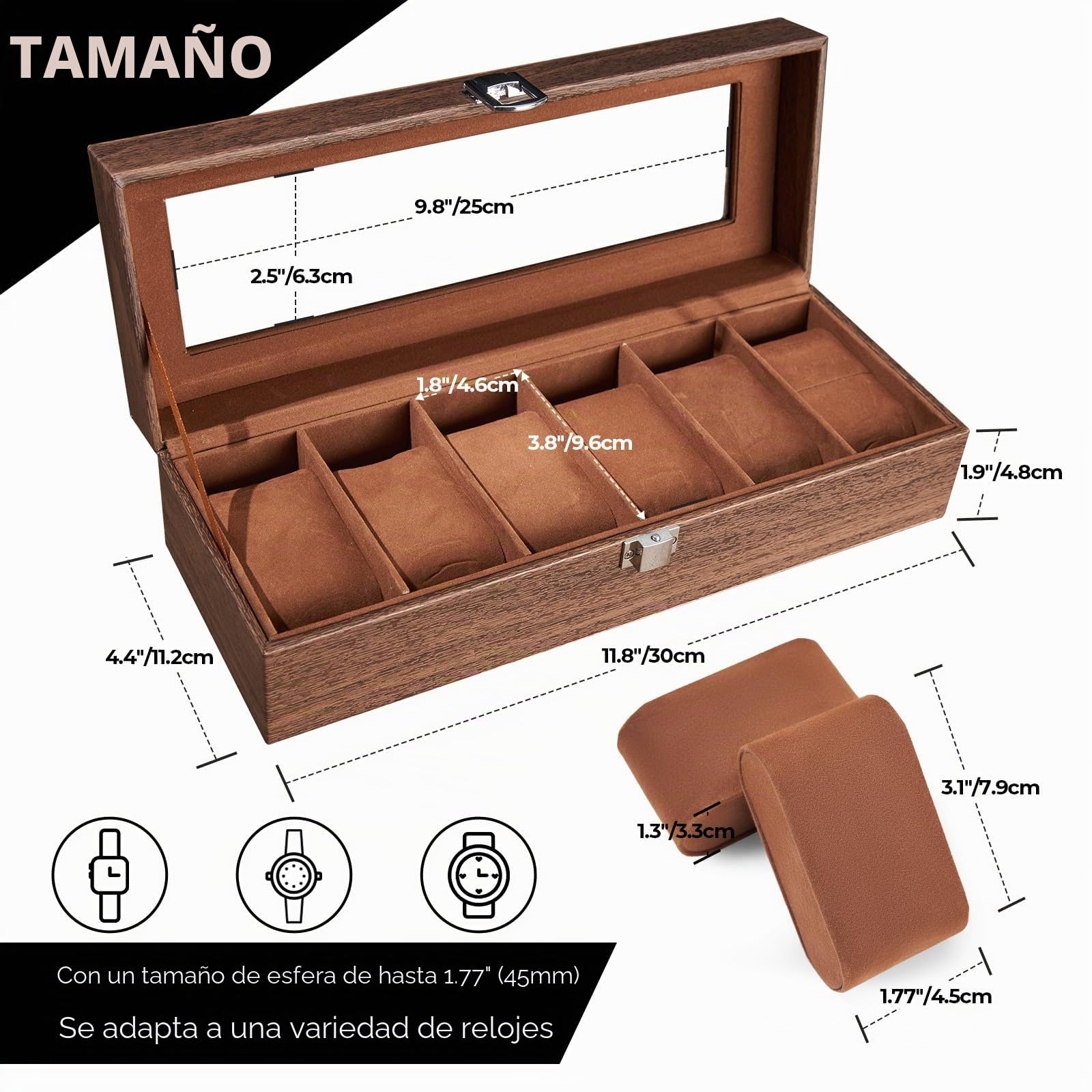 Ohuhu Caja Relojes con 6 Compartimentos, Caja para Relojes con Tapa de Cristal y Cojín Extraíble,Regalo para Cumpleaños Día del Padre Navidad