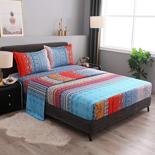 Miniatura 7 de Juego de sábanas retro bohemias, 1 sábana bajera, 1 encimera, 2 fundas de almohada, 4 piezas (individual XL, rojo)