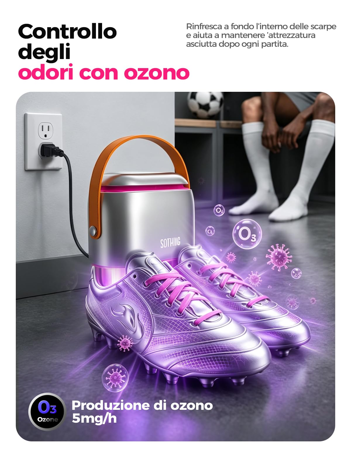 SOTHING Asciug scarpe elettrico con ozono per scarpe da calcio e scarponi | Flusso 360° per scarpe da calcio e sci, tubi flessibili, ozono antiodore, 3 livelli, timer 1–9 ore e borsa portaoggetti.