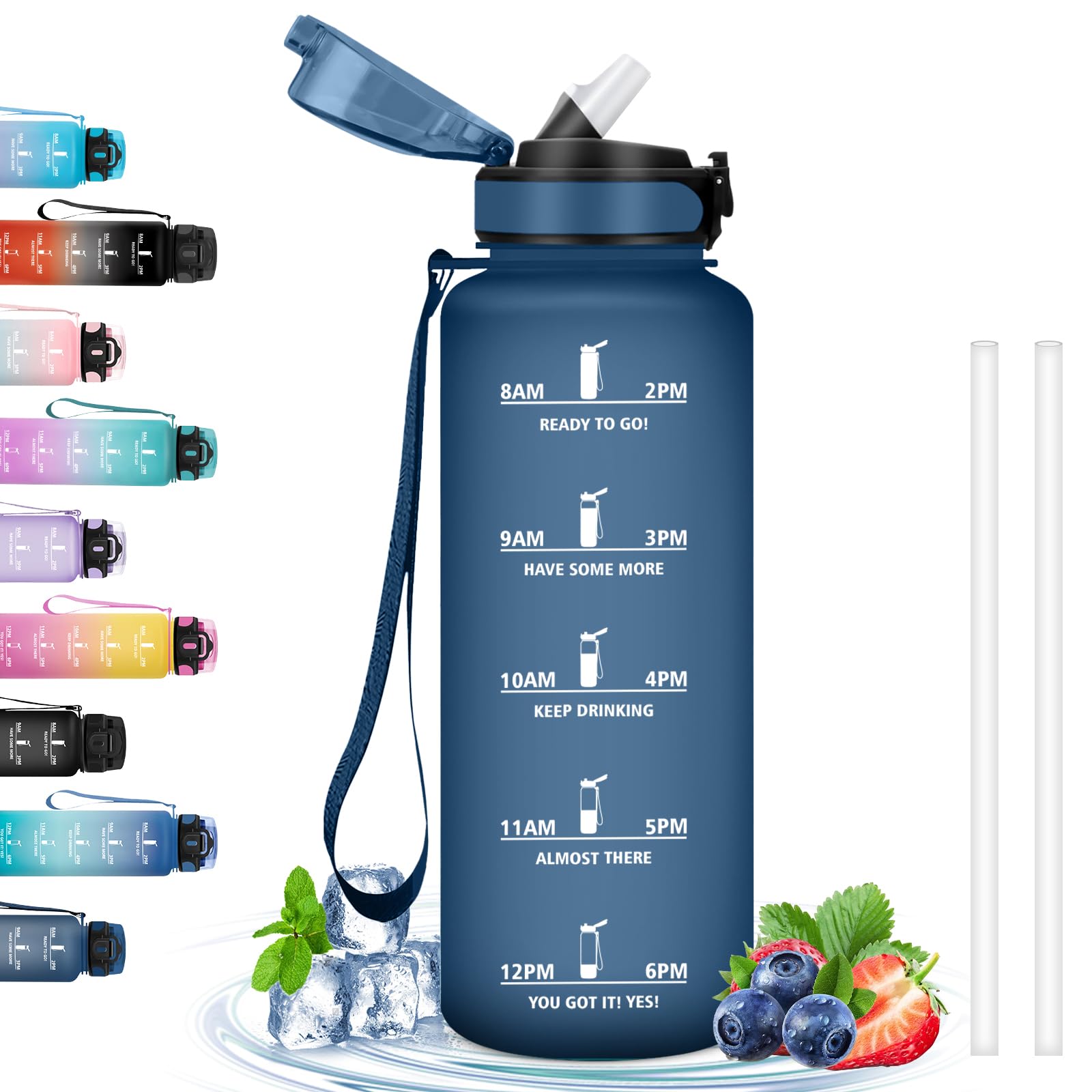 Grsta Water Bottle 1.5 Litre Water Bottle with Straw Leakless Motivational Water Bottle with Time Scale Drinking Bottle for Sports Fitness Hiking Cycling Camping Navy Blue