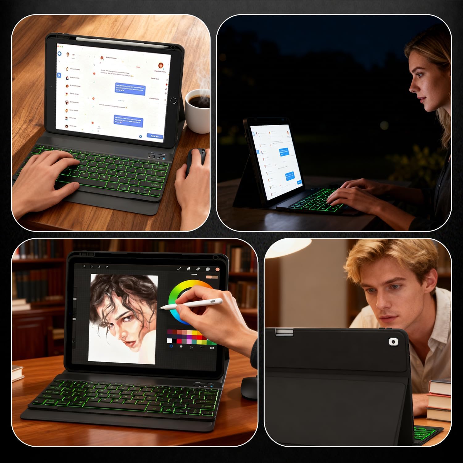 Keyboard Case for iPad 9.7 Inch 6th / 5th Generation 2018/2017 & Pro 9.7 Inch 2016, Mouse and 7 Colors Backlit Detachable Keyboard, Adjustable Stand Built in Pencil Holder, Auto-Sleep/Wake, Black