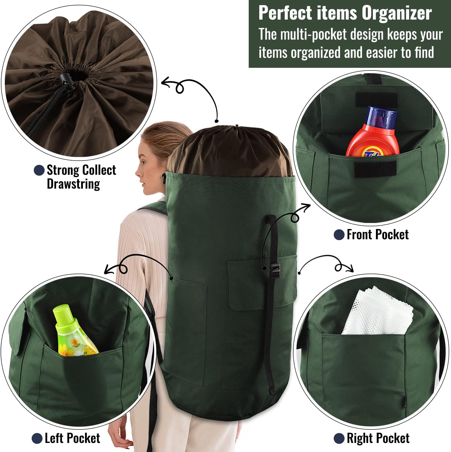 Laundry Backpack Bag 125L Extra Large, Heavy Duty for College Dorm & Apartment, Durable Thick Material Laundry Hamper with Padded Straps for Easy Carry, 3 Pockets for Travel & Laundromat (Army Green)