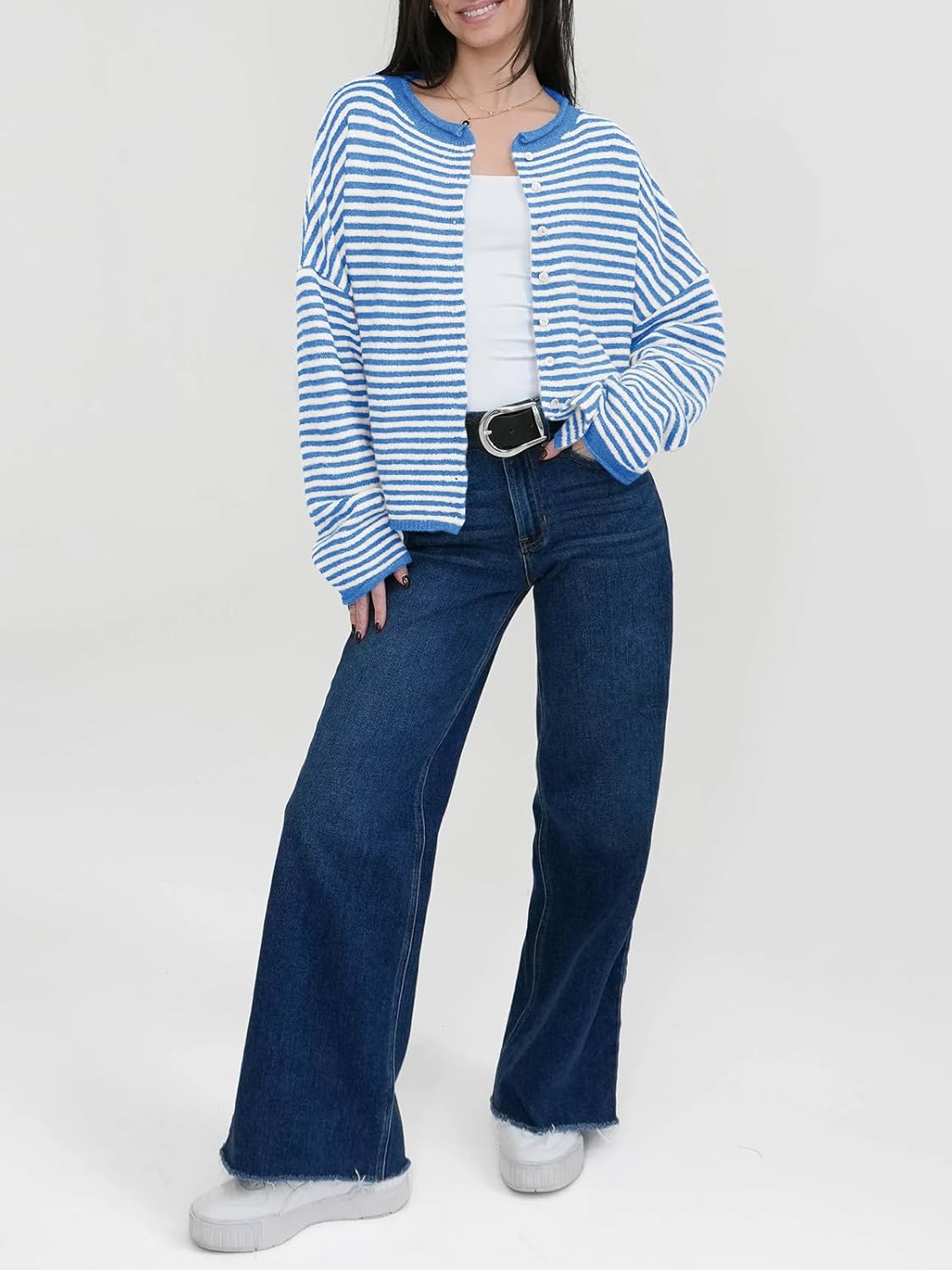 Saodimallsu Womens Striped Cardigan Casual Long Sleeve Open Front Button Down Loose Knit Lightweight Fall Sweaters