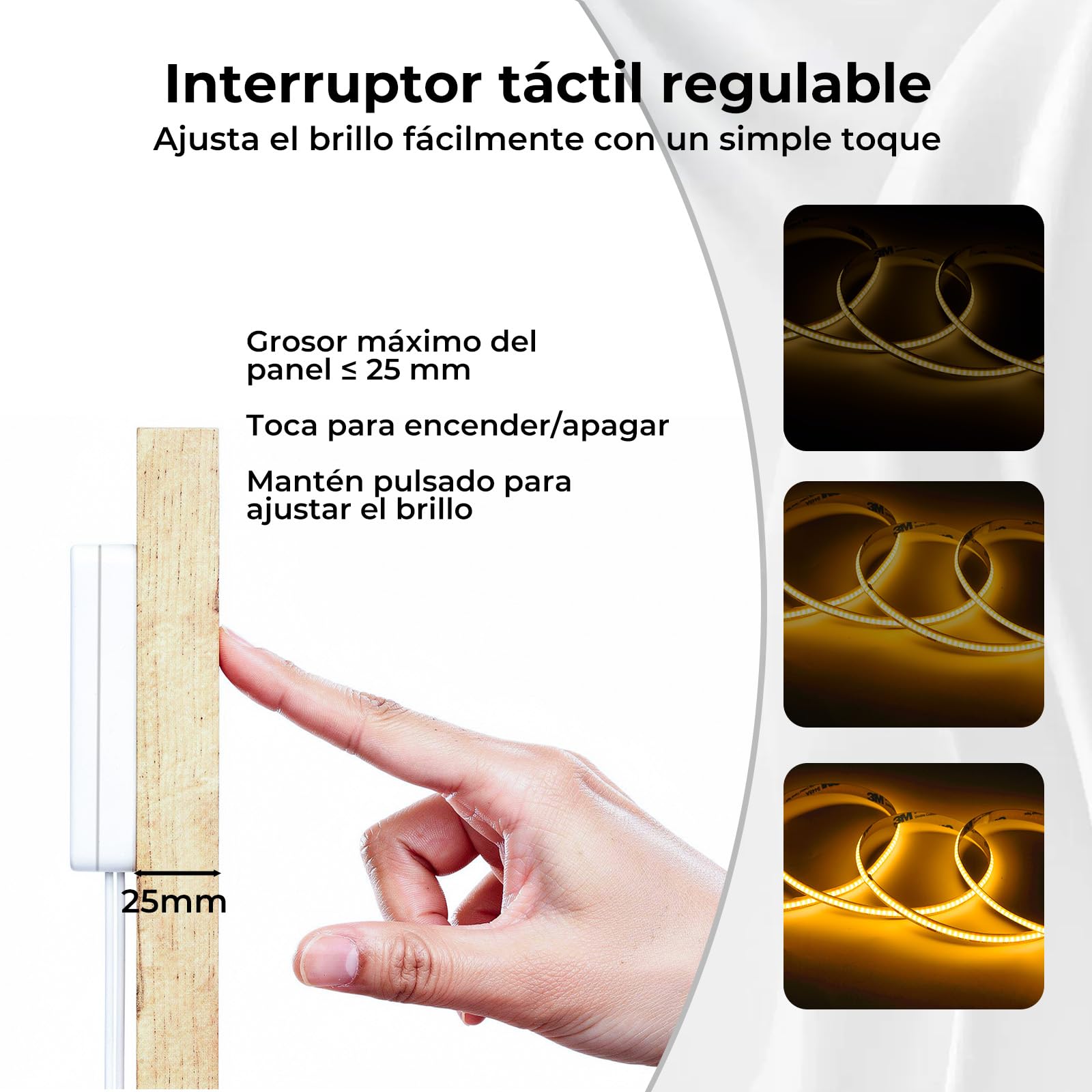 COB Tira LED 6 x 1M con Control Táctil Regulable para Paneles Acústicos, Vitrinas, Armarios, Cocinas, Vinotecas, Estantería, 3000K
