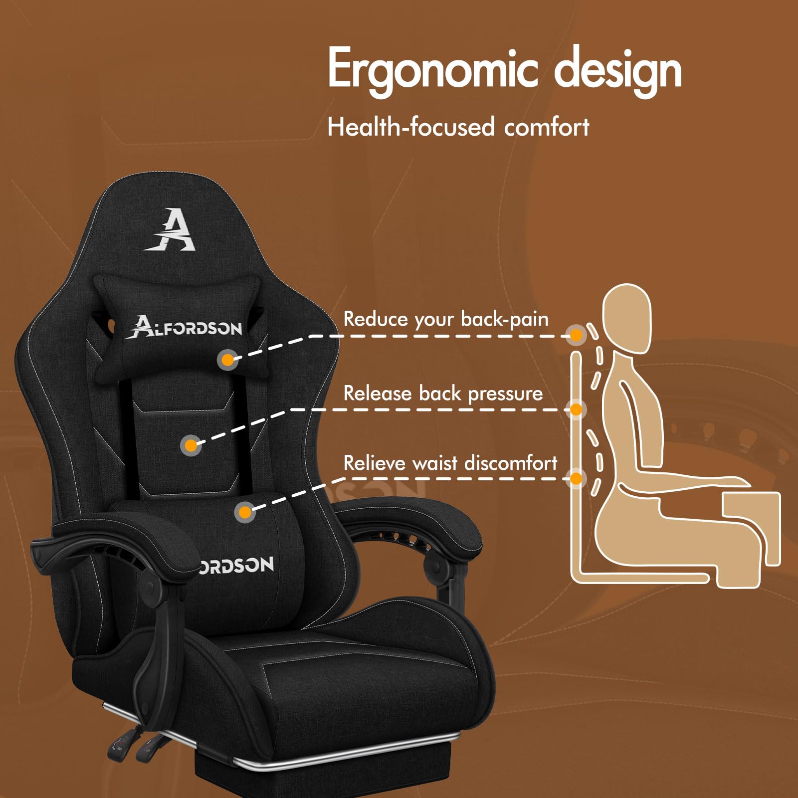 ALFORDSON Fotel gamingowy z poduszką lędźwiową do masażu, ergonomiczne krzesło dla graczy z regulowanym oparciem, krzesło obrotowe z podnóżkiem, regulacja wysokości, czarny