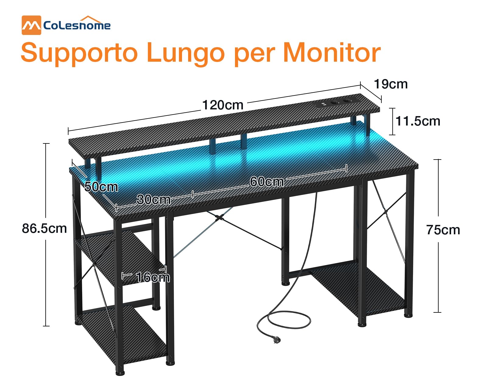 Coleshome Gaming Tisch mit LED-Beleuchtung, 120x50cm Gaming Schreibtisch mit 2 Steckdosen & 2 USB-Anschlüssen, Computertisch mit Monitorständer & Stauraum, Home Office Schreibtisch, Schwarz