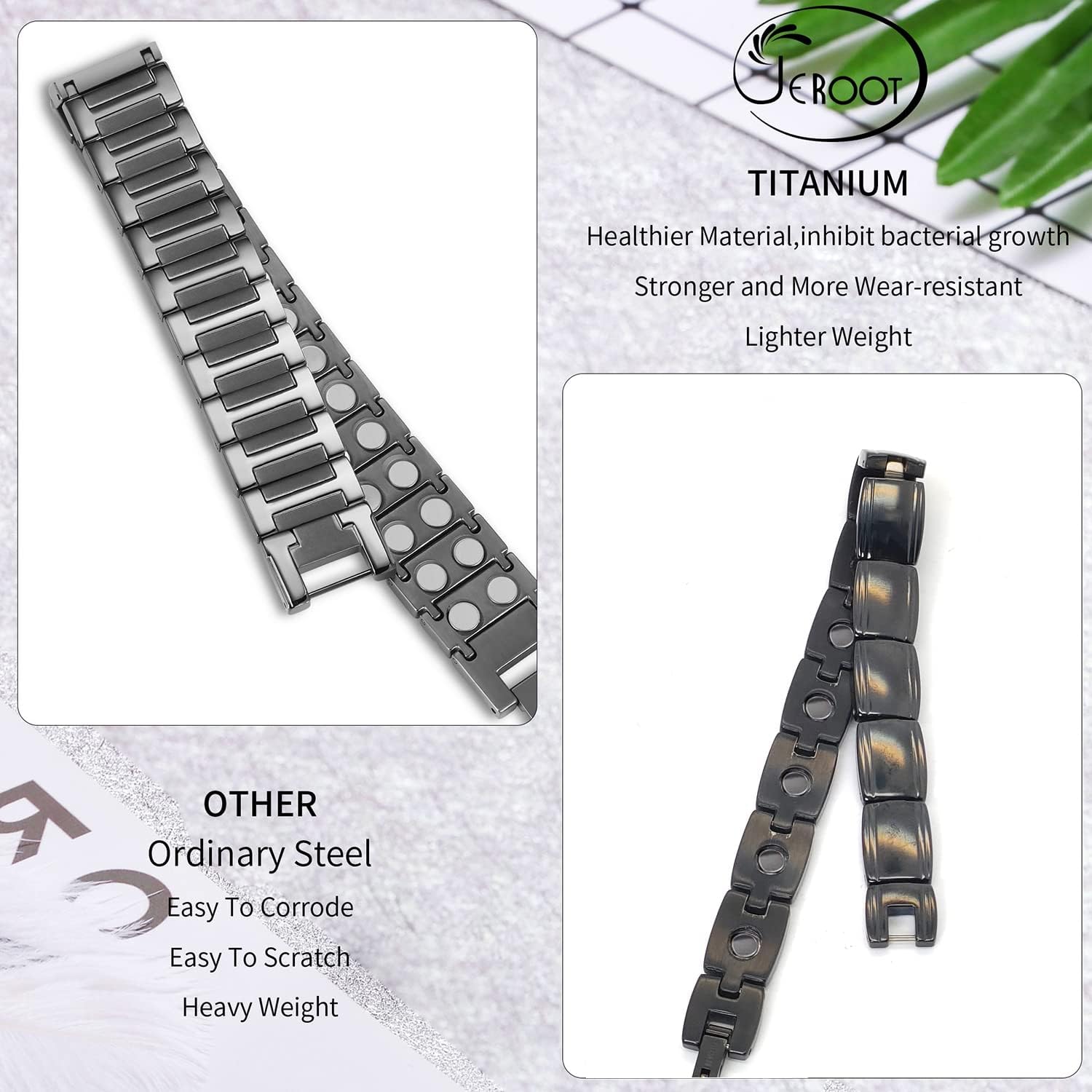 JEROOT Titanium Magnetic Therapy Bracelets for Mens Magnetic Lymph Detox Bracelet for Pain Relief for Arthritis,Lymph Drainage 4000 Gauss Double Row Strong Magnets Bracelet with Adjustment Tool(Gray) : Health & Household