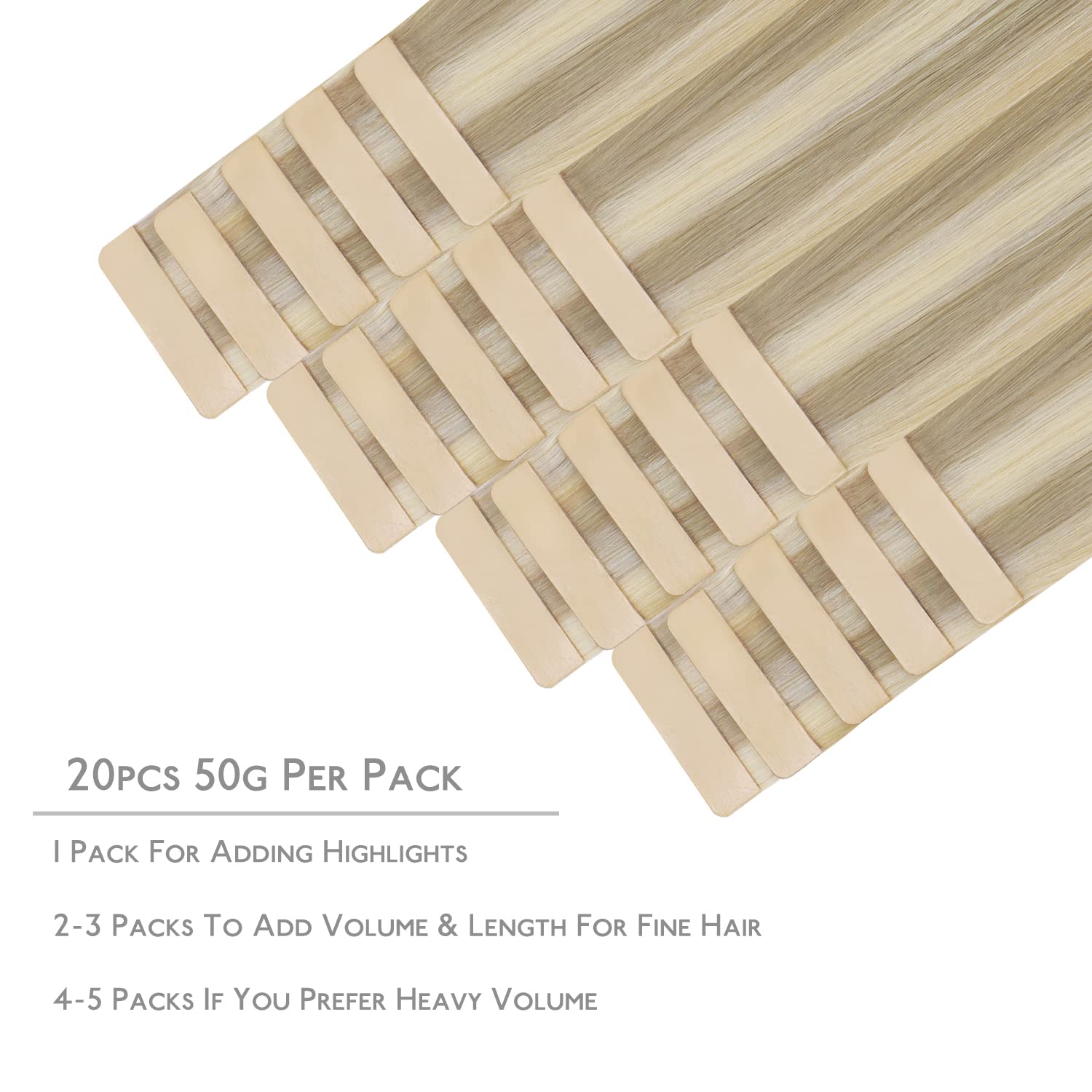 WENNALIFE Tape in Hair Extensions Human Hair, 20pcs 16 inch 50g Ash Blonde to Golden Blonde and Platinum Blonde Remy Tape Hair Extensions Real Human Hair Tape Extensions Coloured Hair Extensions