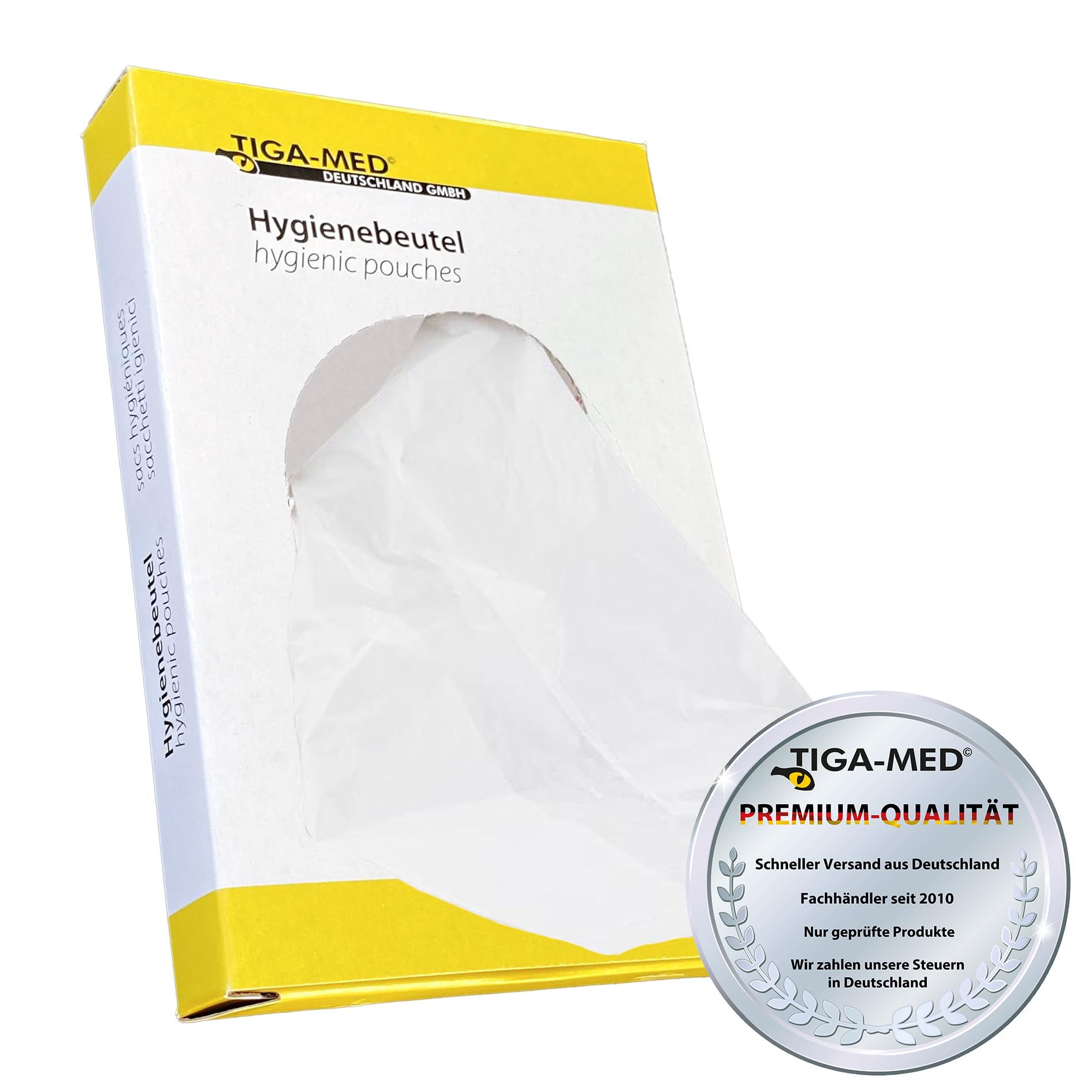 TIGA-MED Bolsas higiénicas para compresas sanitarias y tampones, 300 unidades (10 x 30), polietileno duro de HDPE, 30 bolsas por caja, resistentes a olores y líquidos, eliminación segura y discreta en