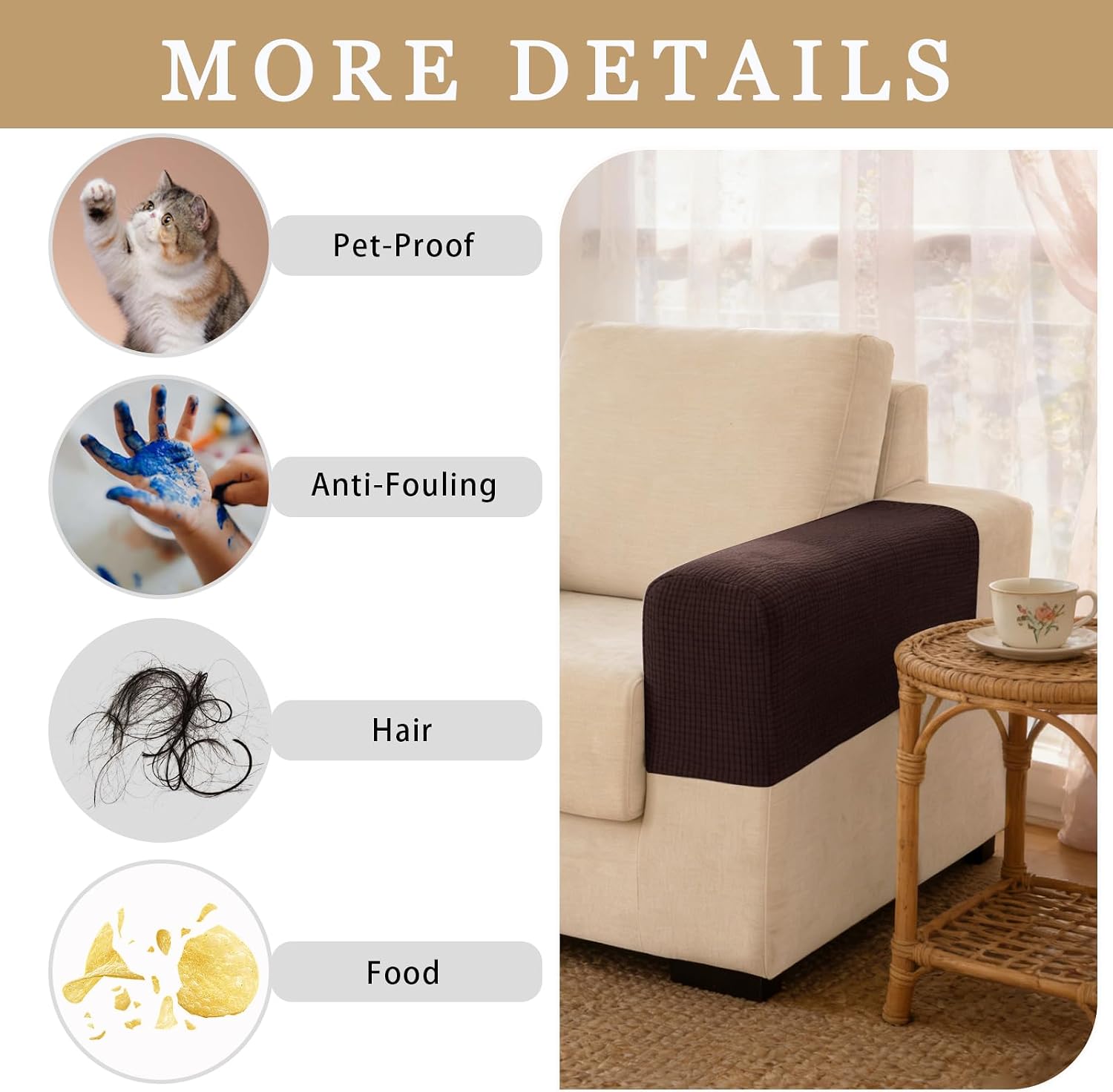 2 Pack Soft Pineapple-Textured Sofa Armrest Covers with Elastic & 10 Velcro Straps - Decorative Protective Sleeves for Living Room Furniture (Chocolate Brown)