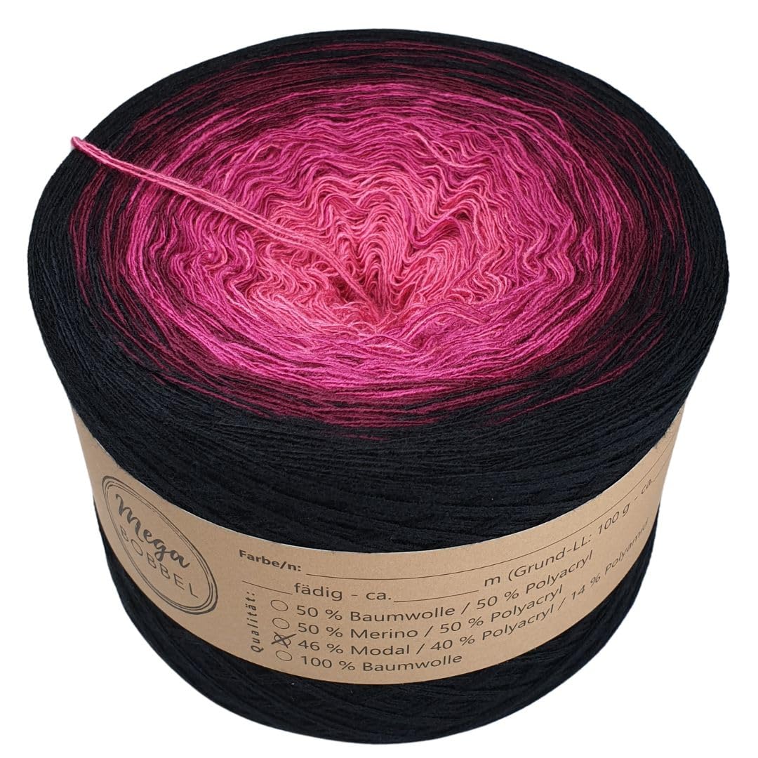 MegaBobbel- MODALmix *Heiße Liebe*AMD4* (Außenfarbe: Schwarz) Farbverlaufsgarn - Lace Garn Bobbel Wolle zum Häkeln & Stricken (3 fädig, 2000m)