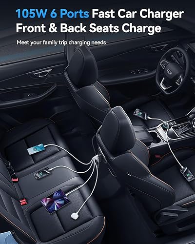 Miniatura 3 de Rocoren Cargador de coche USB C de 105 W de 6 puertos para viajes familiares, PD 35 W y QC3.0 30 W carga súper rápida para múltiples dispositivos,