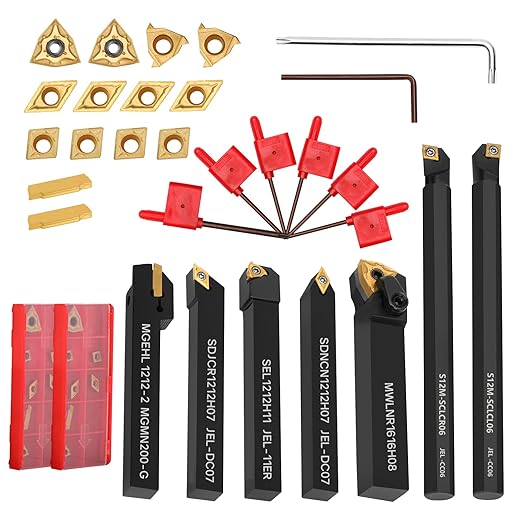 Indexable Lathe Turning Tool 21Pcs Kit 1/2'' 12mm Shank 7Pcs Carbide Turning Tool Holders with 14Pcs Tin Coated Turning Inserts Metal Lathe Tool Holder Set for Turning Grooving Threading Boring