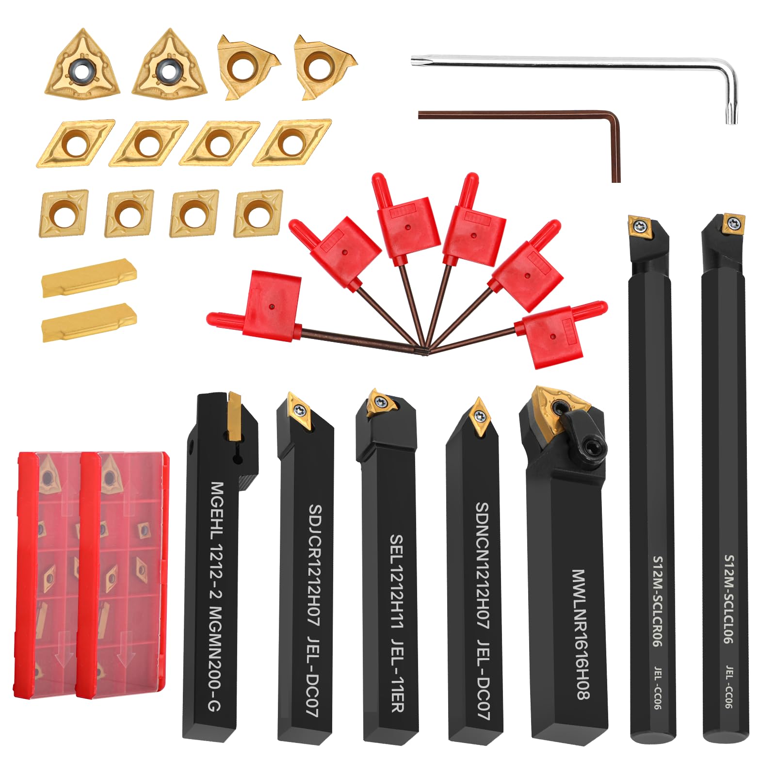 JOOGTO Indexable Lathe Turning Tool 21Pcs Kit 1/2'' 12mm Shank 7Pcs Carbide Turning Tool Holders with 14Pcs Tin Coated Turning Inserts Metal Lathe
