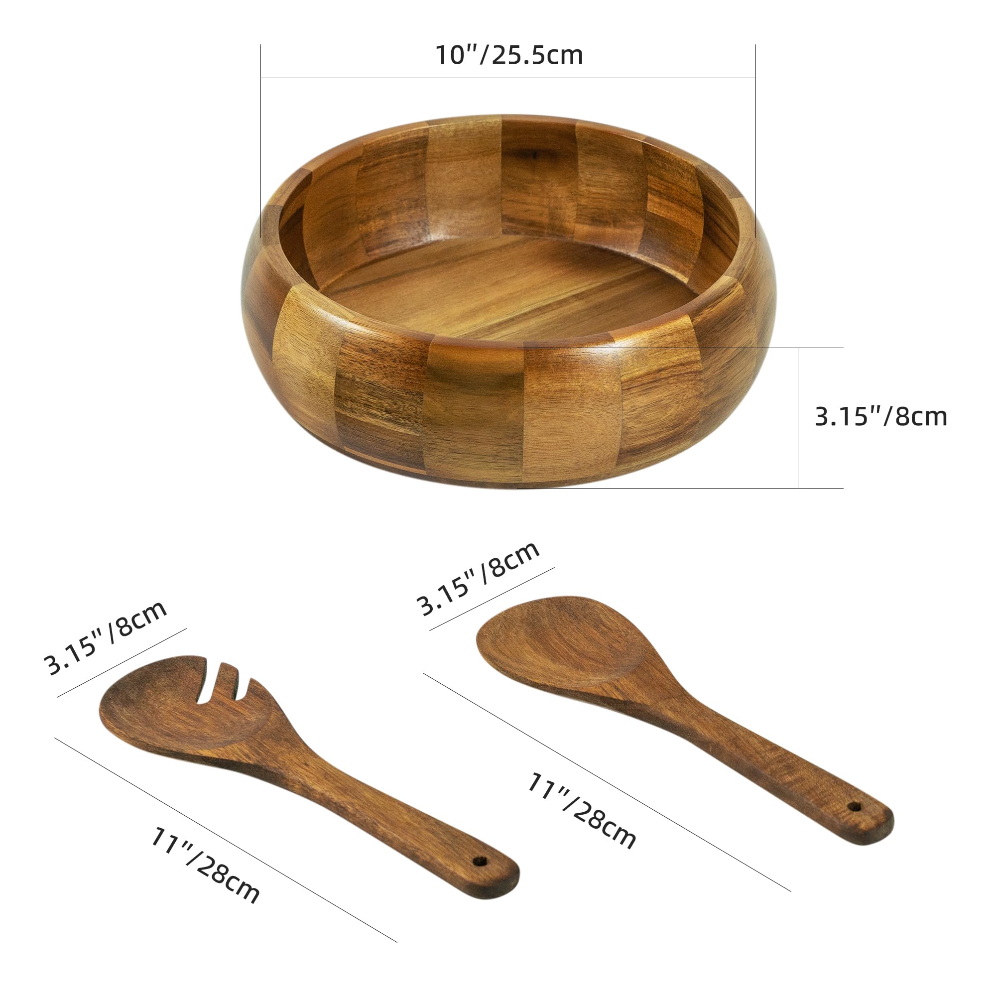 VaeFae Saladier en Bois d'Acacia avec Couverts à Salade | Saladier en Bois de 25,5 cm avec Cuillère et Fourchette Ajourée de 28 cm pour Mélanger et Servir