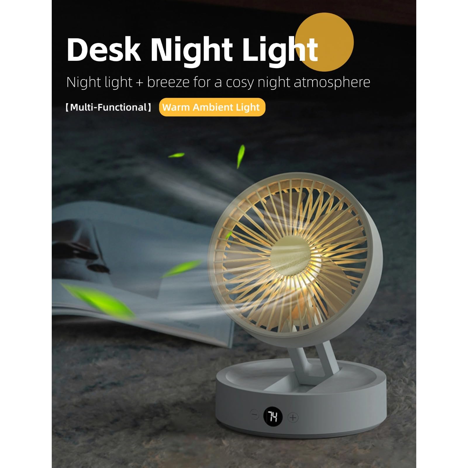 Cuifati Ventilador de Escritorio Plegable, Velocidades de Viento Ajustables, Control Remoto, Pantalla LCD, Recargable por USB, Ventilador de Escritorio Oscilante con Luz Nocturna para