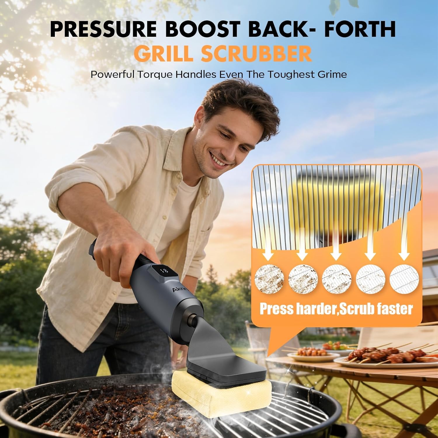 Electric Grill Brush - Bristle Free Grill Brush for Outdoor Grill, Cordless BBQ Grill Cleaner with 3 Heads, Rechargeable 240 Mins Runtime Barbecue Grill Cleaning Brush (Gray)