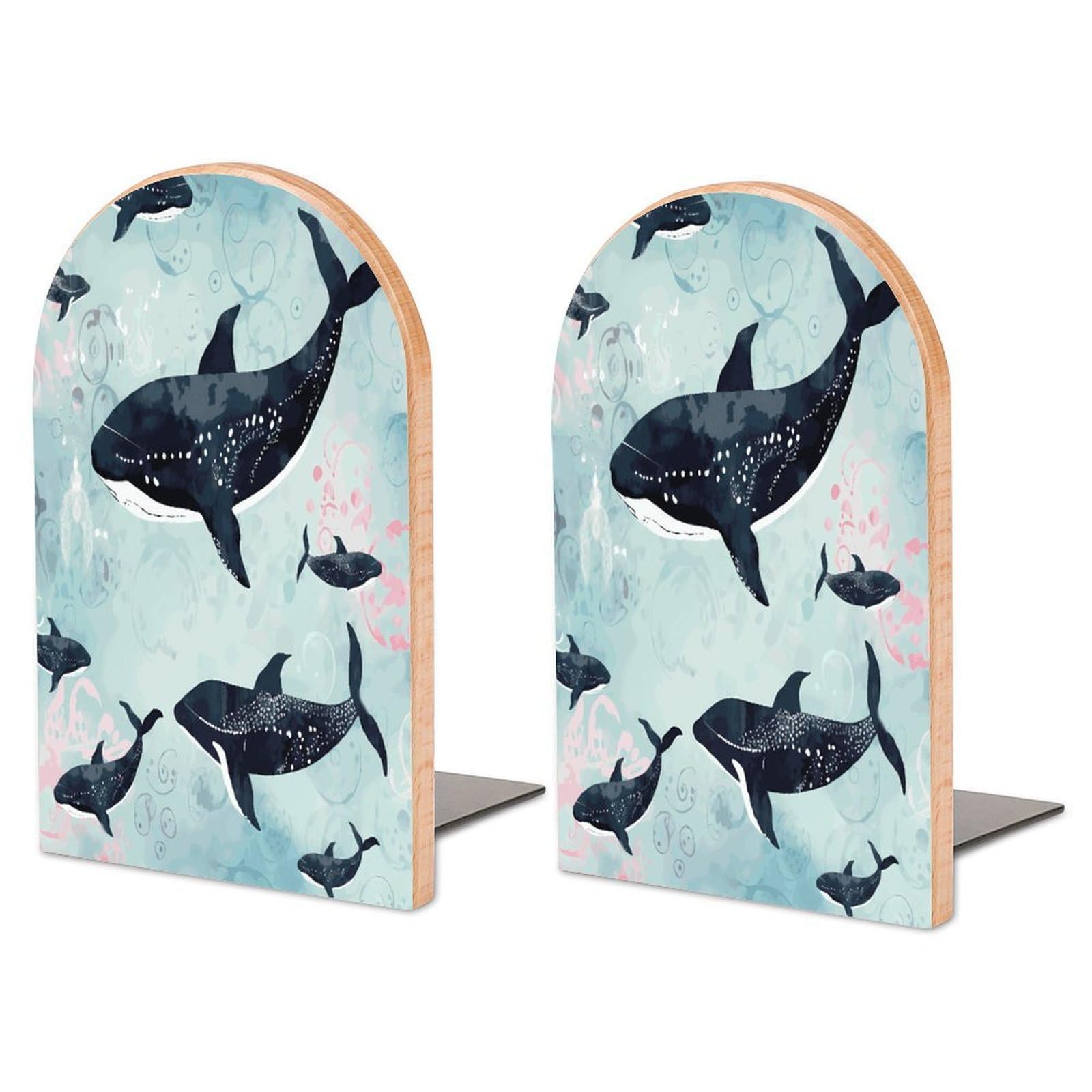 Whale Bookend for Shelves Non-Skid Book Holder Modern Heavy Duty Bookend Stopper Metal Base Wood Book End Books Shelf Holder Home Decorative 1pair 6.7x3.9x4.7