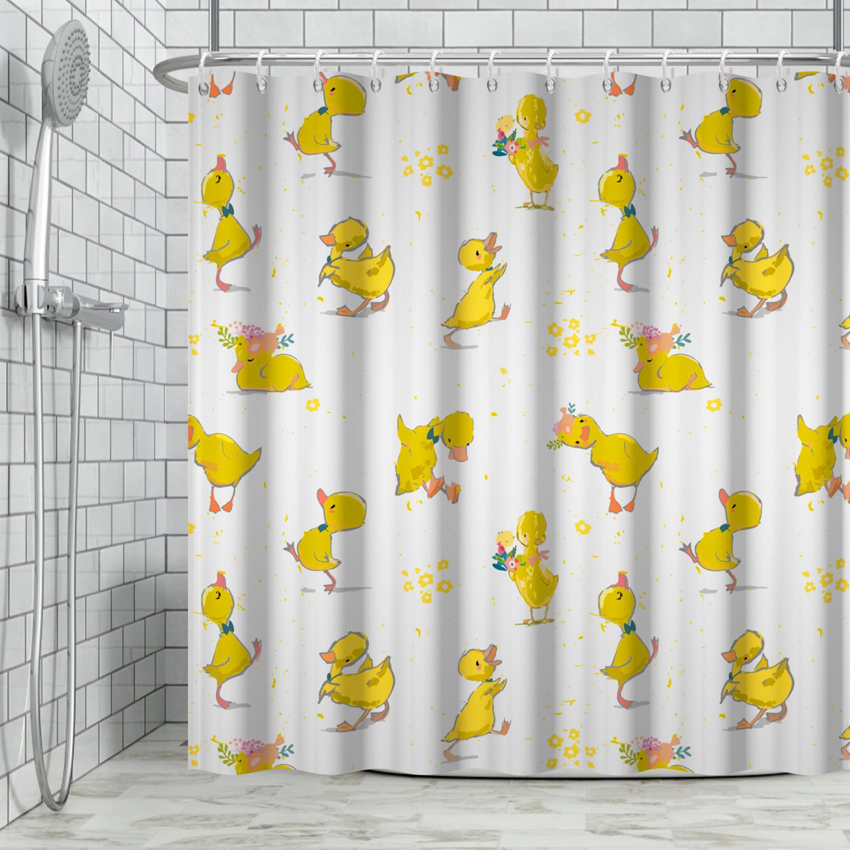 Giallo Anatra Tenda da Doccia con Gancio, Cartone Animato Carino Animale Anatra Pet Bagno Tenda Divertente Animale Giallo Fiore Bagno Tenda Impermeabile Vasca da Bagno Tenda 180x200cm