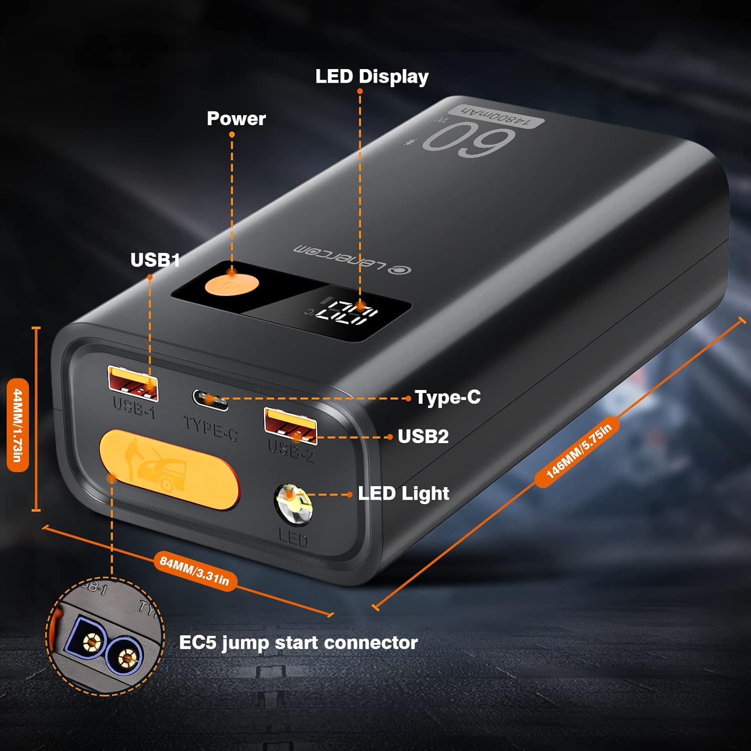 Diagram of LC Lenercom jump starter ports and features