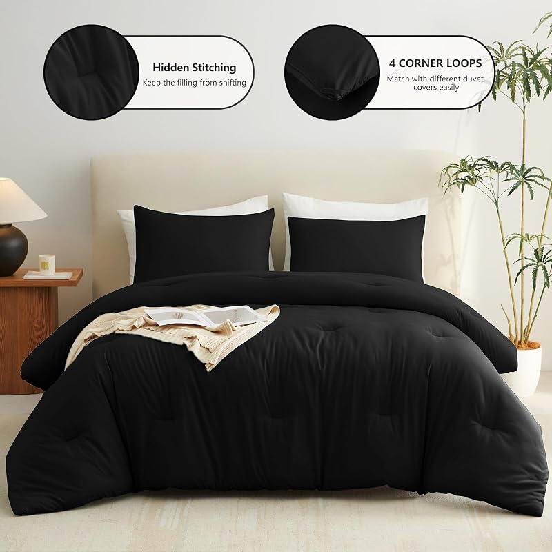 CozyLux Queen Comforter Set, 3 Pieces Down Alternative Bedding, Black image 2