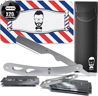 Navaja de Afeitar Hombre - Cuchilla de Afeitar de Barbero - Faca de Barbear Profesional - 20 Medias Cuchillas Dobles con Estuche de Cuero | Kit de Afeitado Clásico para Barba y Bigote (Gris 2)