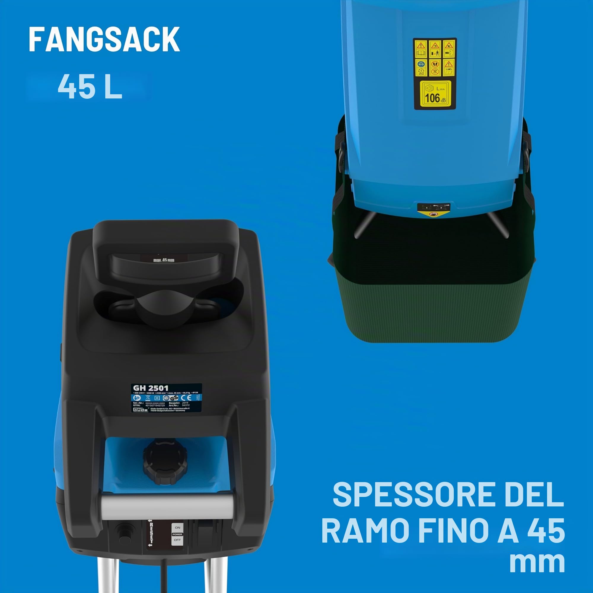 Güde Trituratore da giardino GH 2501 (2500 W, tecnologia a coltello, bassa manutenzione, autoalimentatore, ruote di trasporto, fusibile di sovraccarico, spessore massimo 45 mm, con sacco di raccolta