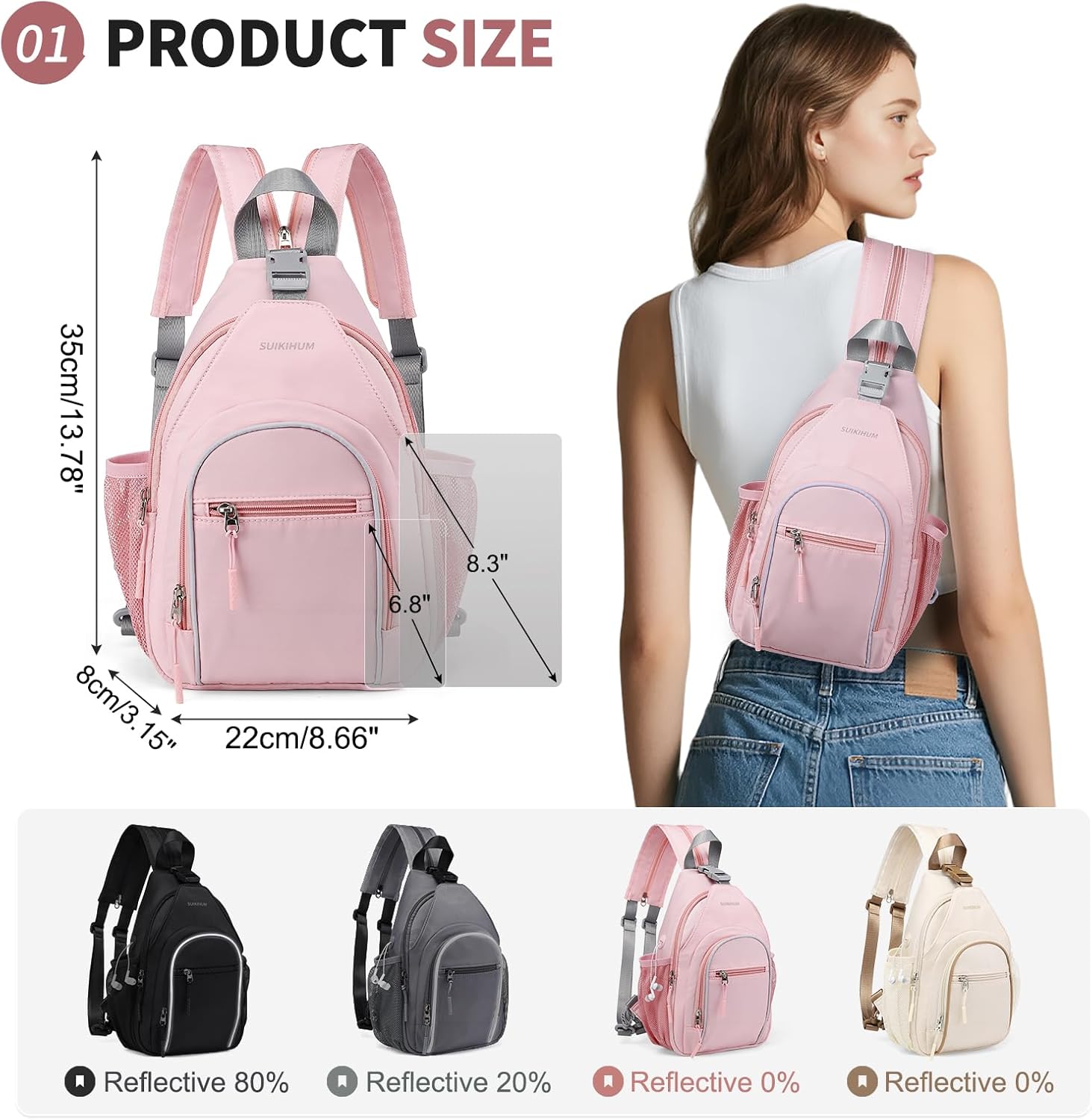 Crossbody Sling Bag with Water Bottle Holder, 8.3" Convertible Small Backpack Anti Theft Daypack, Chest Fanny Pack for Men Women, Pink